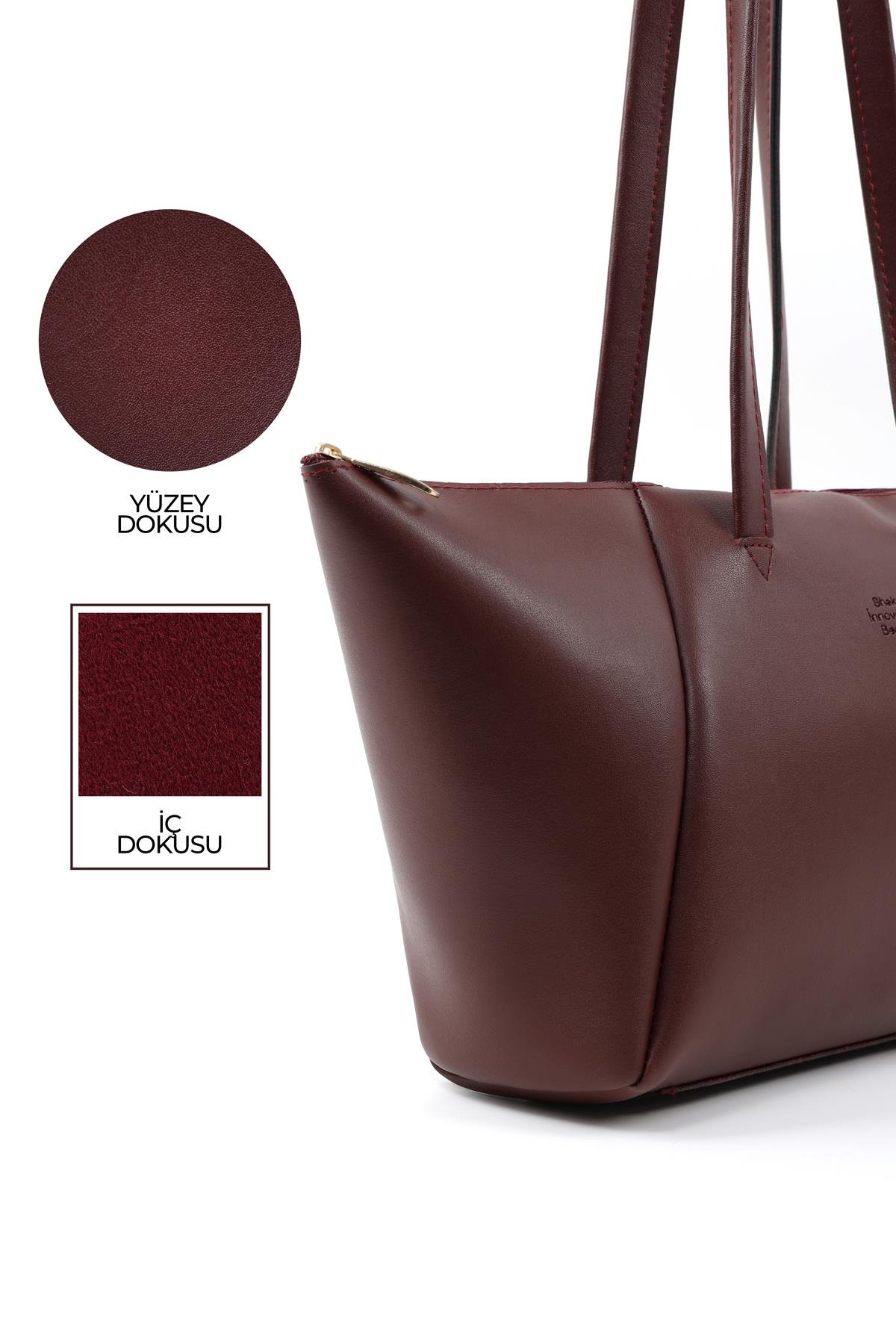 Bordo SHK277 Suni Deri Tek Bölmeli Fermuarlı El, Kol ve Omuz Çantası