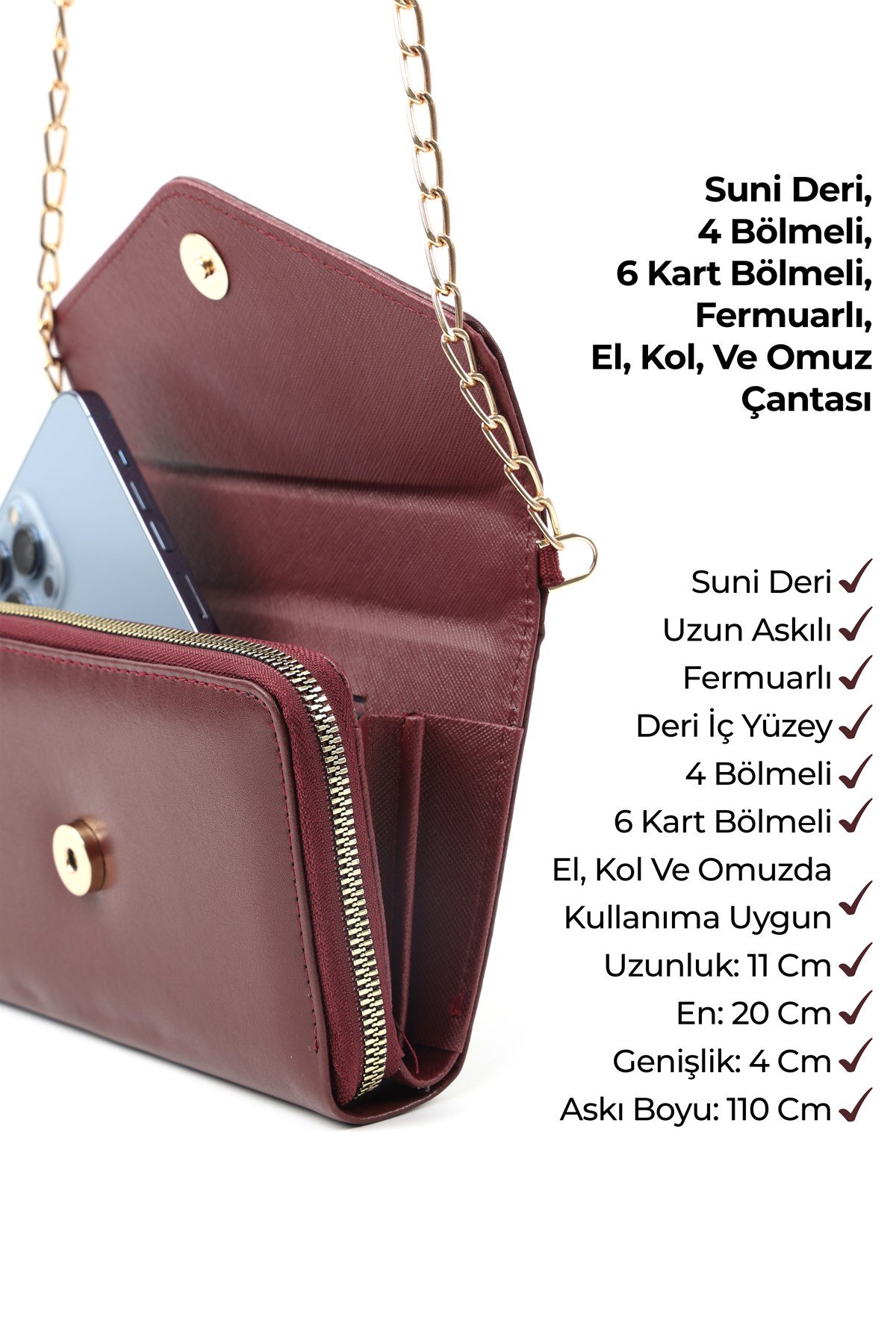 Bordo SHK286 Suni Deri 4 Bölmeli,Zincirli ,Telefonluk ve Omuz Çantası
