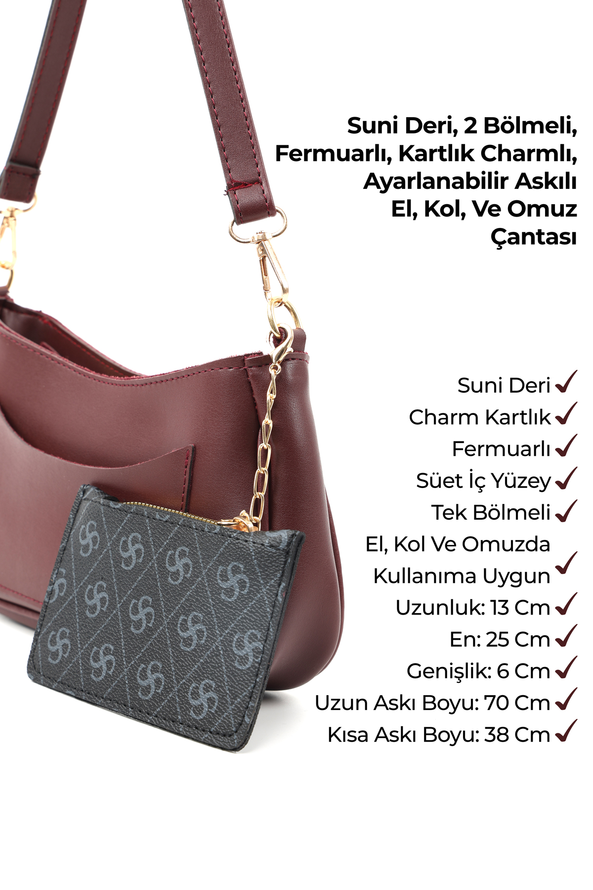 Bordo Shk307 Suni Deri, 2 Bölmeli, Cep ve Kartlık Detaylı, El ve Omuz Çantası