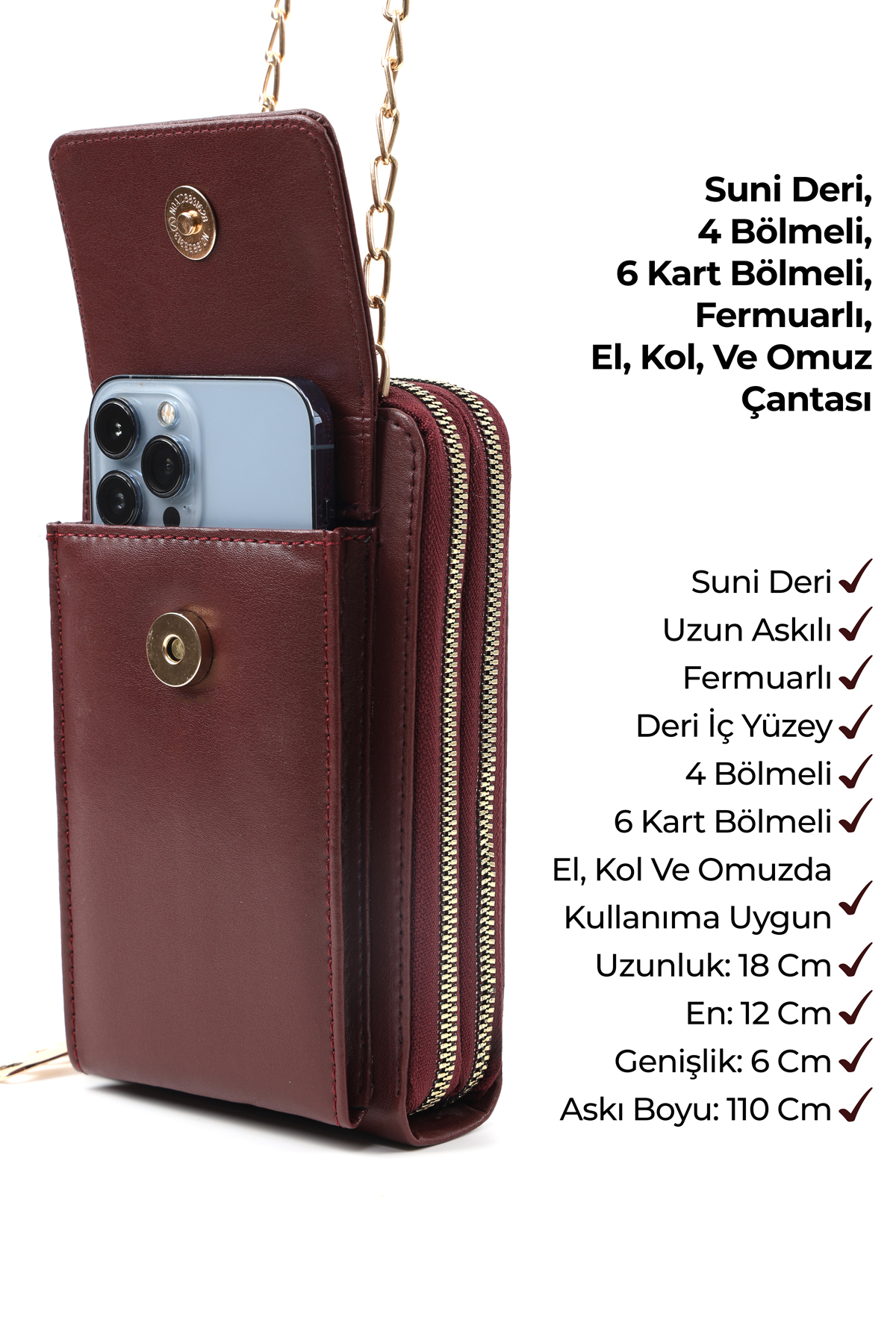 Bordo SHK312 Suni Deri 4 Bölmeli,Zincirli ,Telefonluk ve Omuz Çantası