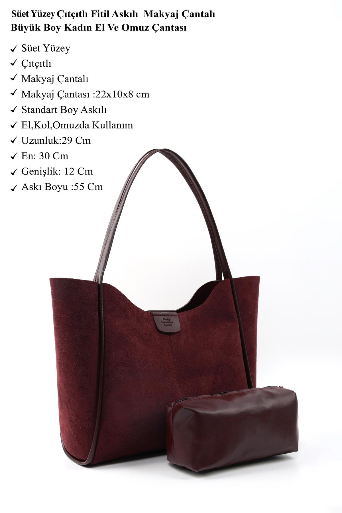 Bordo Süet Shk76 Çıtçıtlı Fitil Askılı Suni Deri Makyaj Çantalı Büyük Boy Kadın El ve Omuz Çantası