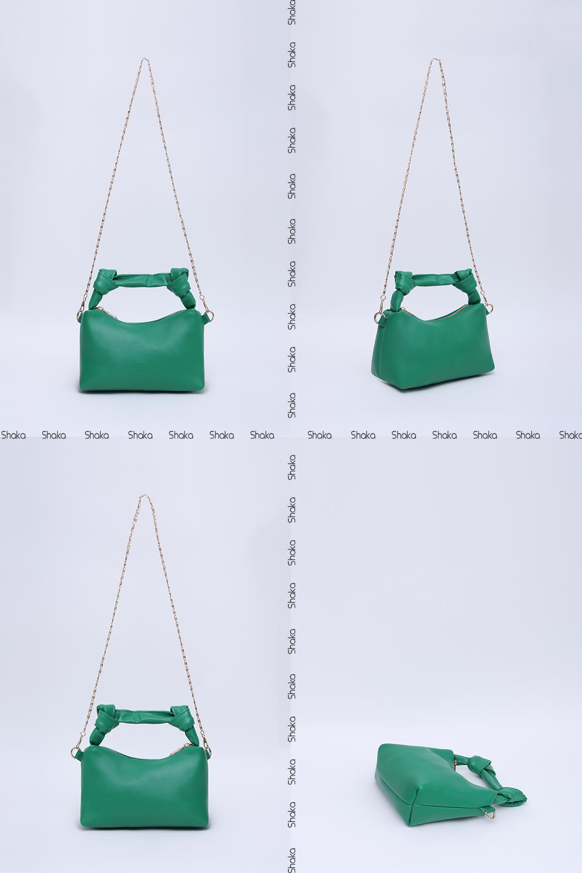 Çimen Yeşili Shk24 Orjinal Soft Deri Düğüm Detaylı Zincir Askılı El ve Omuz Çantası U:14 E:22 G:8 cm