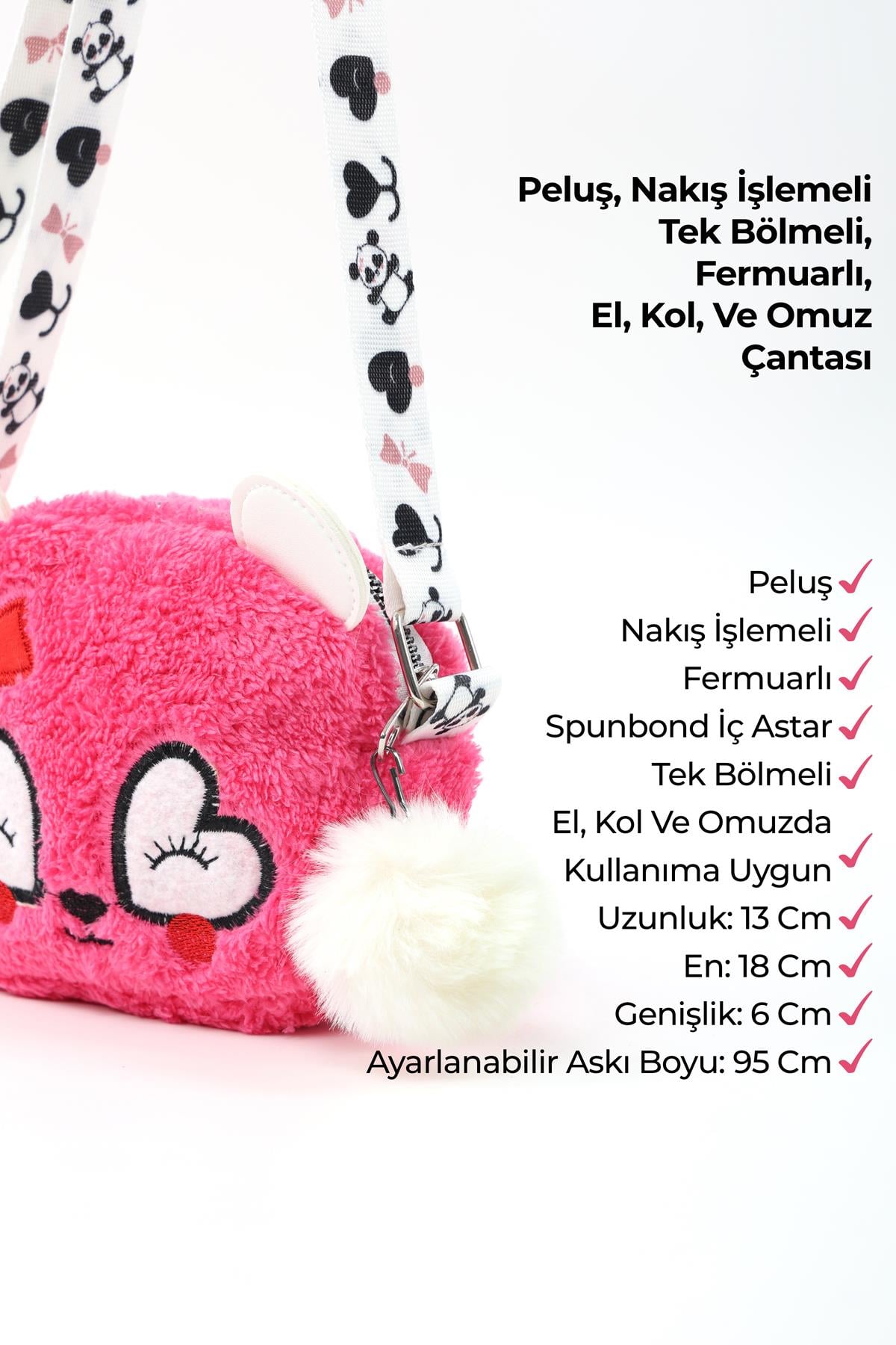 Fuşya Shk285 Peluş Kumaş ,Nakış İşlemeli, Fermuarlı Tek Bölmeli Kız Çocuk Çantası