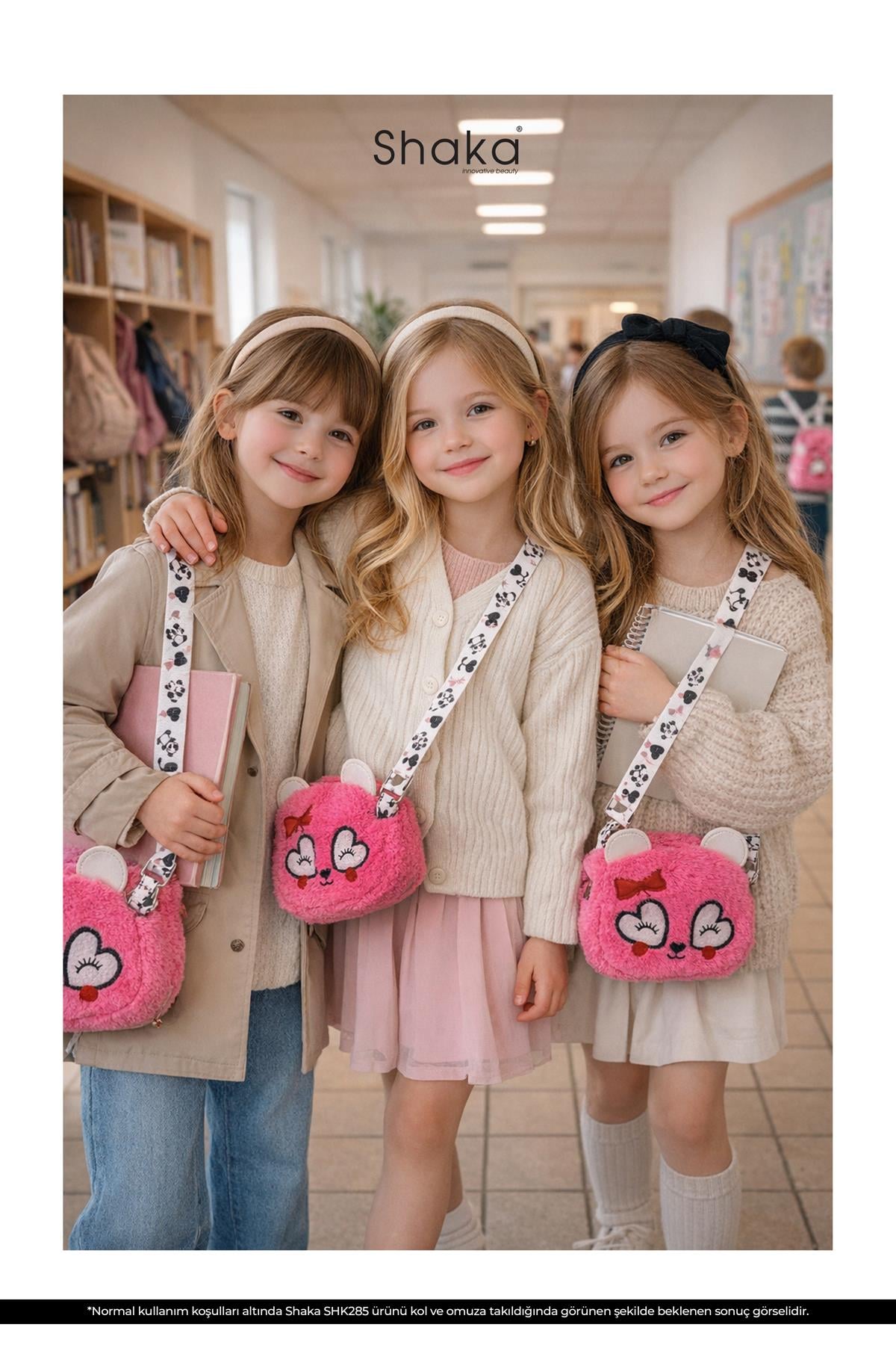 Fuşya Shk285 Peluş Kumaş ,Nakış İşlemeli, Fermuarlı Tek Bölmeli Kız Çocuk Çantası