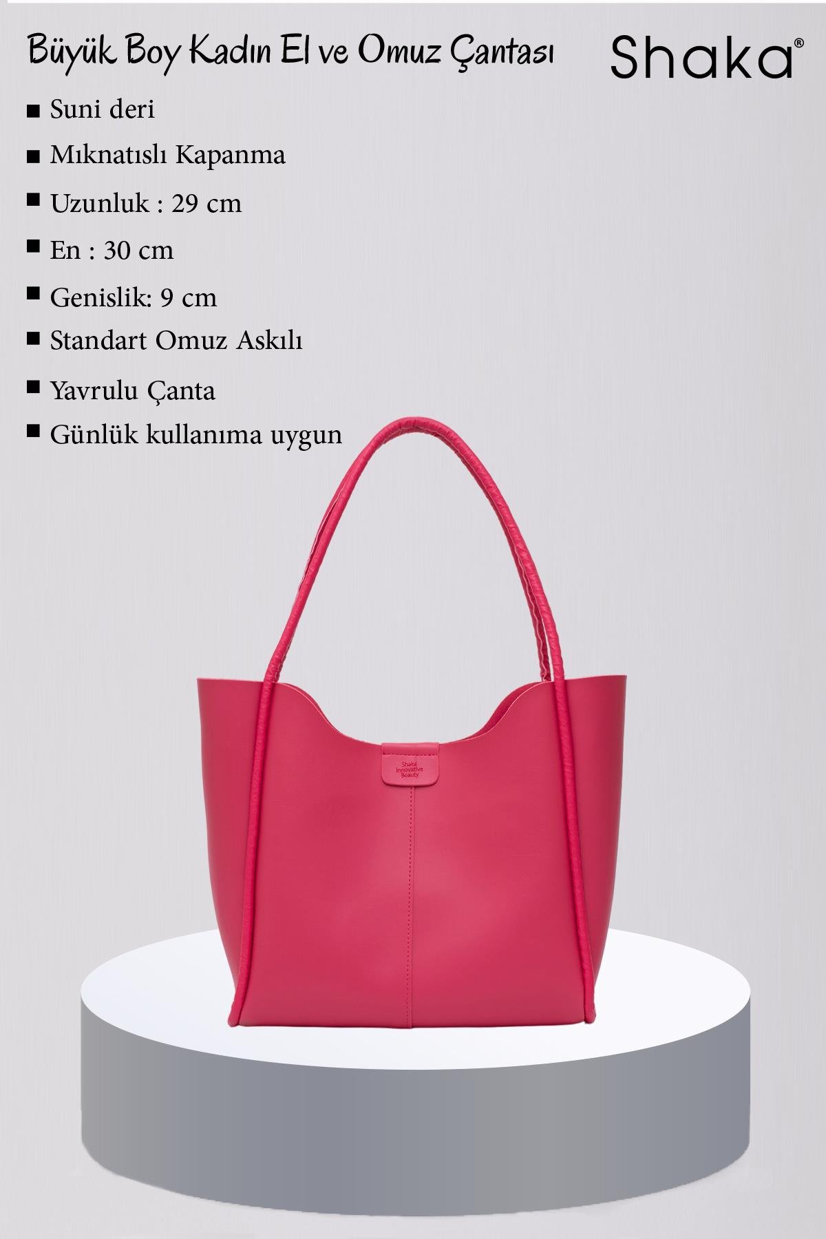 Fuşya Shk76 Çıtçıtlı Fitil Askılı Suni Deri Makyaj Çantalı Büyük Boy Kadın El ve Omuz Çantası  U:29 E:30 G:9 cm
