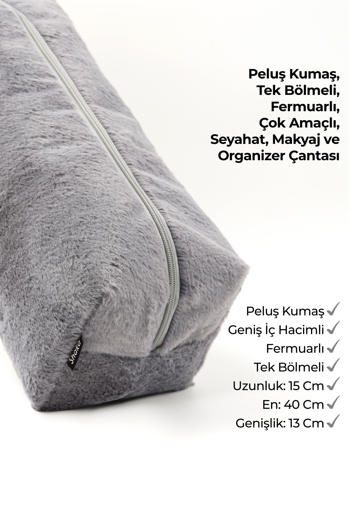 Gri SHK268 XL Boy Peluş Kumaş ,Saç Şekillendirici , Makyaj ve Seyahat Çantası