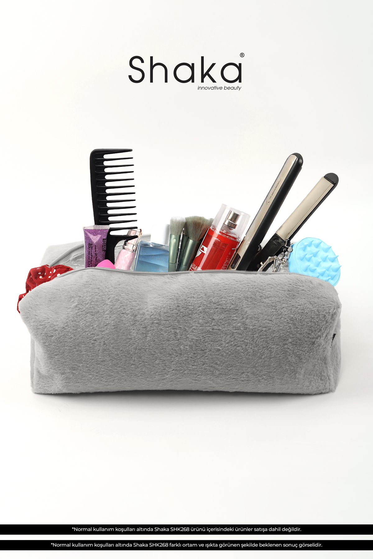 Gri SHK268 XL Boy Peluş Kumaş ,Saç Şekillendirici , Makyaj ve Seyahat Çantası