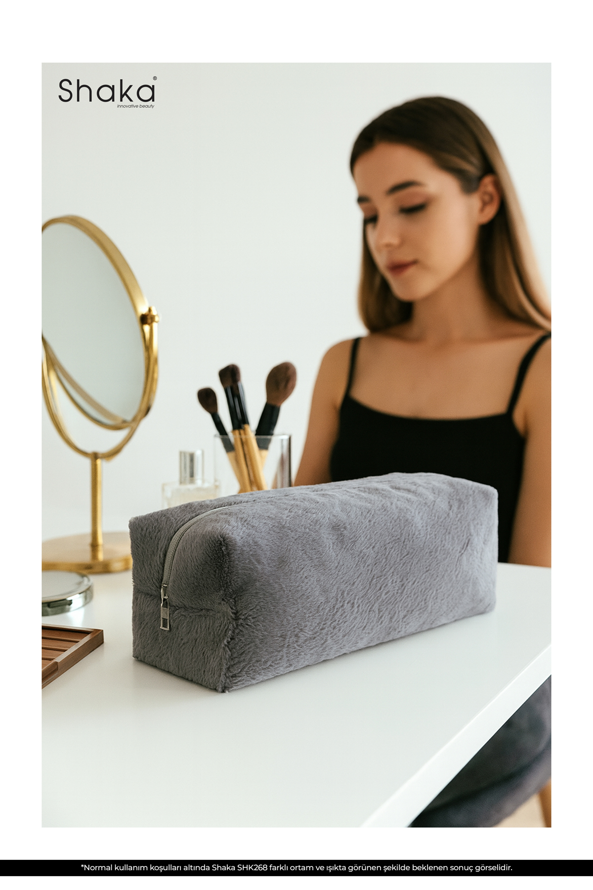 Gri SHK268 XL Boy Peluş Kumaş ,Saç Şekillendirici , Makyaj ve Seyahat Çantası