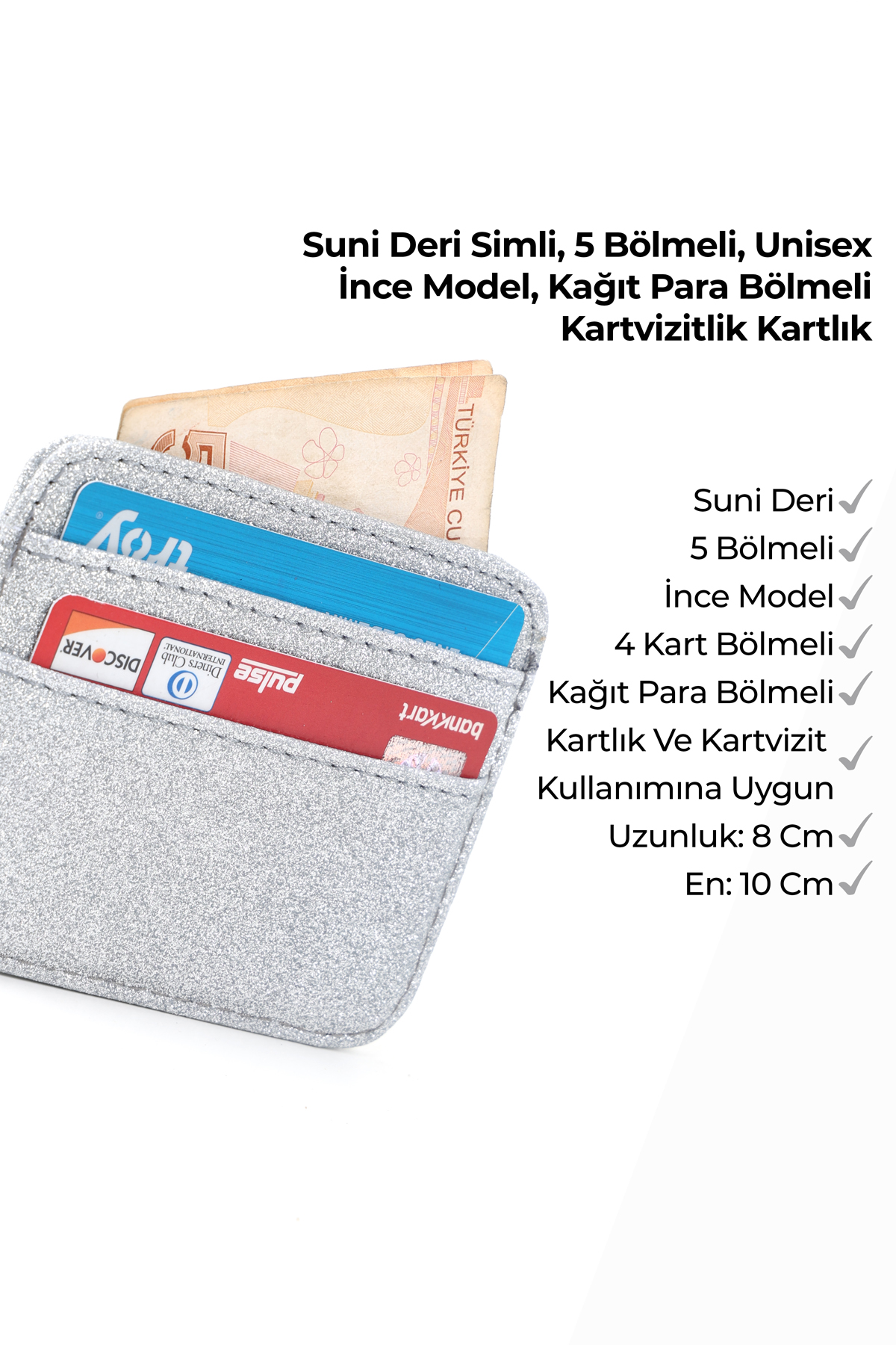 Gümüş Shk304 Simli Suni Deri ,5 Bölmeli İnce Model,Kağıt Para,Kredi Kartı Ve Kartvizitlik Kartlık