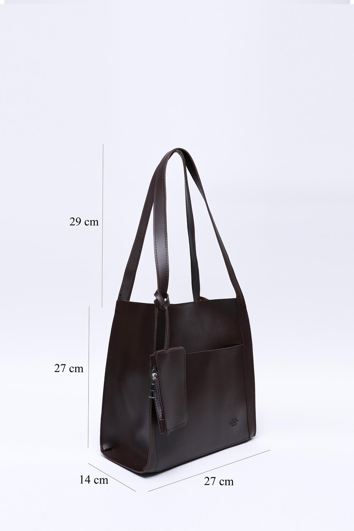 Kahve Rengi Shk123 Suni Deri, Çıtçıtlı, İki Bölmeli, Cüzdanlı, Makyaj Çantalı, Askılı, El, Kol ve Omuz Çantası U:27 E:27 G:14 cm