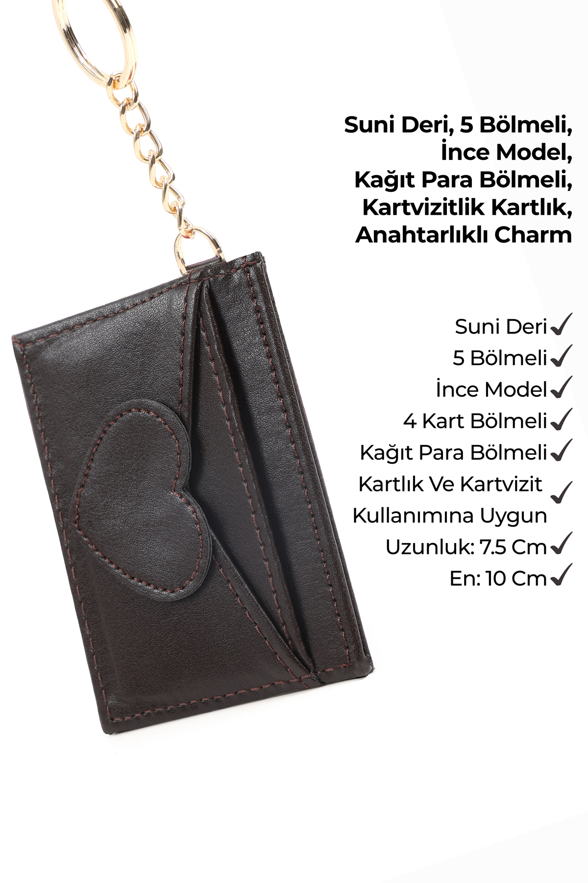Kahve Rengi SHK134 Suni Deri,Beş Bölmeli,Kalp Figürlü Kartlık ve Çanta Charmı