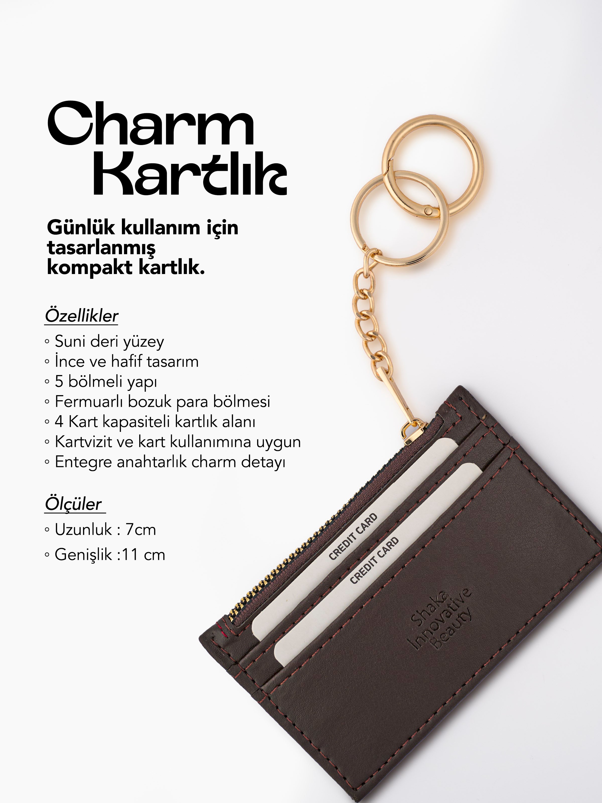 Kahve Rengi SHK136 Suni Deri,Fermuarlı,Beş Bölmeli Kartlık ve Çanta Charmı