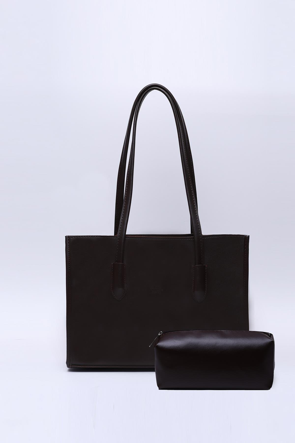 Kahve Rengi Shk173 Suni Deri, Tek Bölmeli, Fermuarlı, Makyaj Çantalı El, Kol ve Omuz Çantası U:24 E:34 G:13 Cm