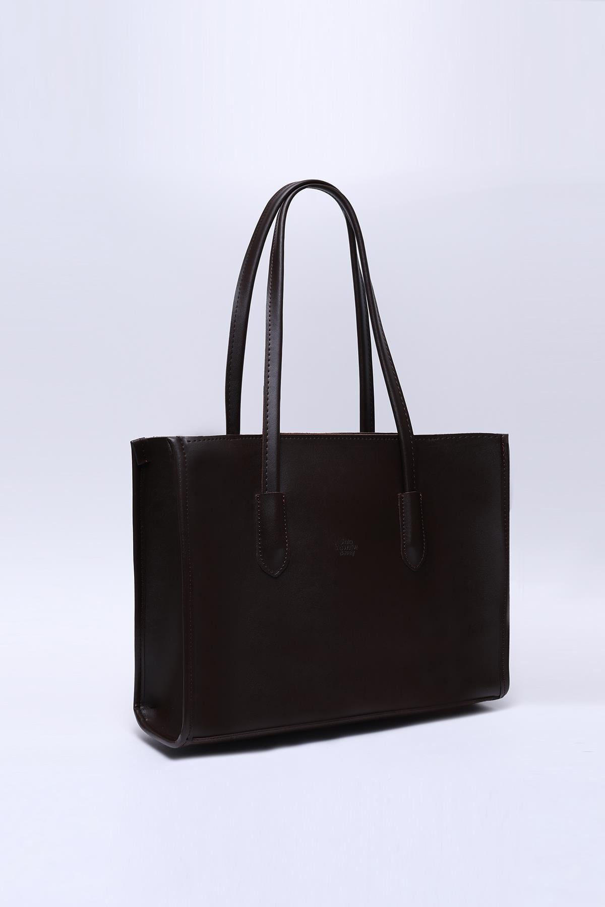 Kahve Rengi Shk173 Suni Deri, Tek Bölmeli, Fermuarlı, Makyaj Çantalı El, Kol ve Omuz Çantası U:24 E:34 G:13 Cm