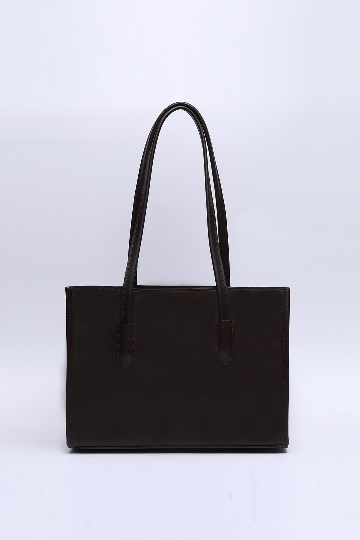 Kahve Rengi Shk173 Suni Deri, Tek Bölmeli, Fermuarlı, Makyaj Çantalı El, Kol ve Omuz Çantası U:24 E:34 G:13 Cm