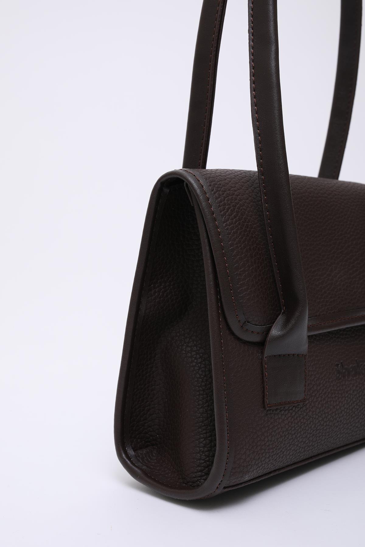 Kahve Rengi Shk178 Suni Deri, Tek Bölmeli, Çıtçıtlı, El, Kol ve Omuz Çantası E:23 U:21 G:7 Cm