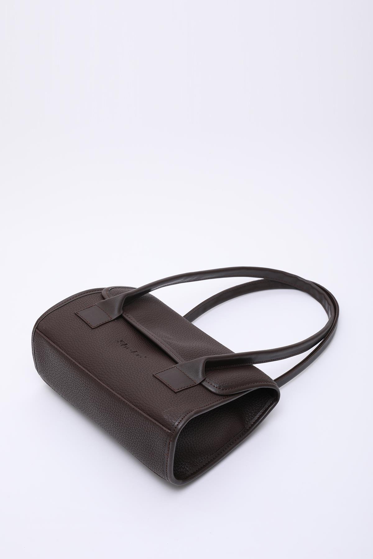 Kahve Rengi Shk178 Suni Deri, Tek Bölmeli, Çıtçıtlı, El, Kol ve Omuz Çantası E:23 U:21 G:7 Cm