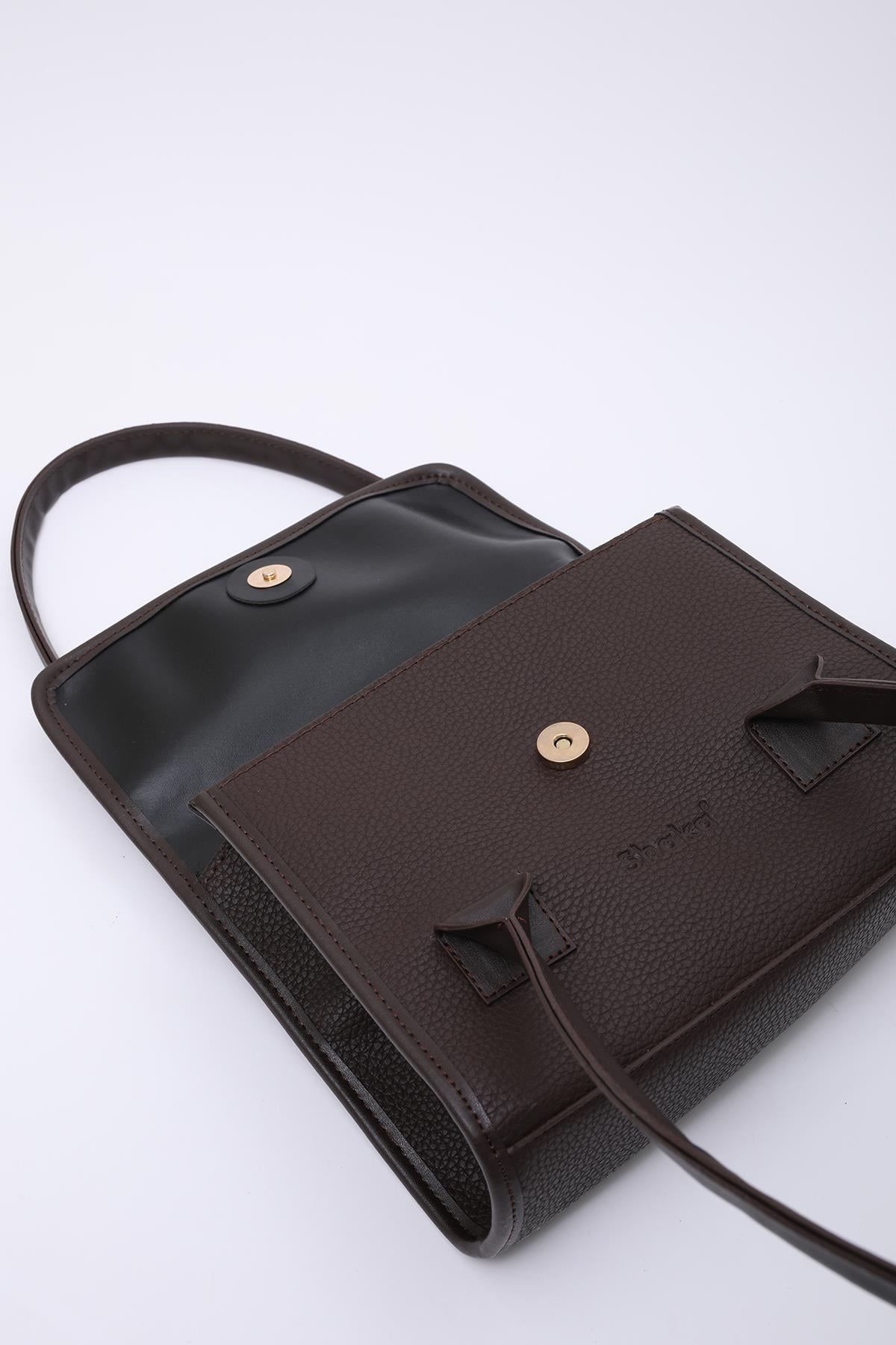 Kahve Rengi Shk178 Suni Deri, Tek Bölmeli, Çıtçıtlı, El, Kol ve Omuz Çantası E:23 U:21 G:7 Cm