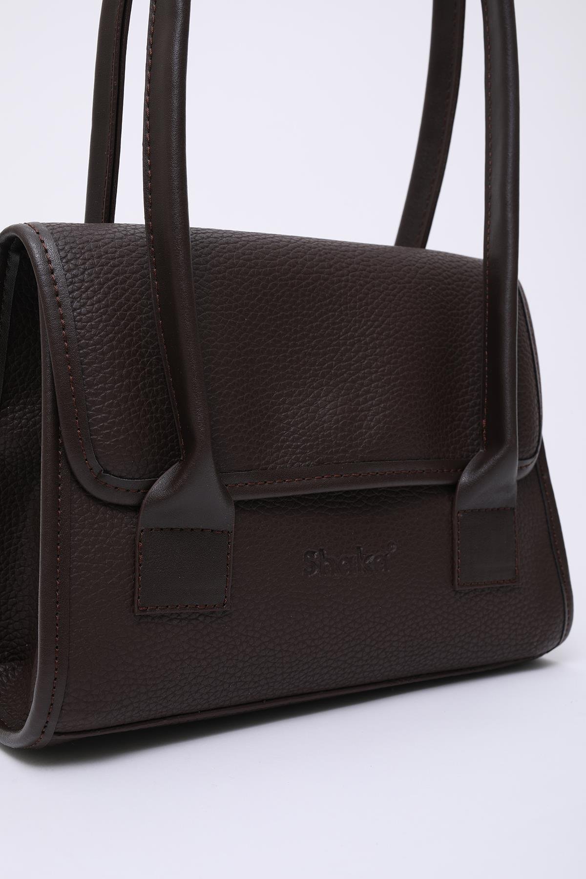 Kahve Rengi Shk178 Suni Deri, Tek Bölmeli, Çıtçıtlı, El, Kol ve Omuz Çantası E:23 U:21 G:7 Cm