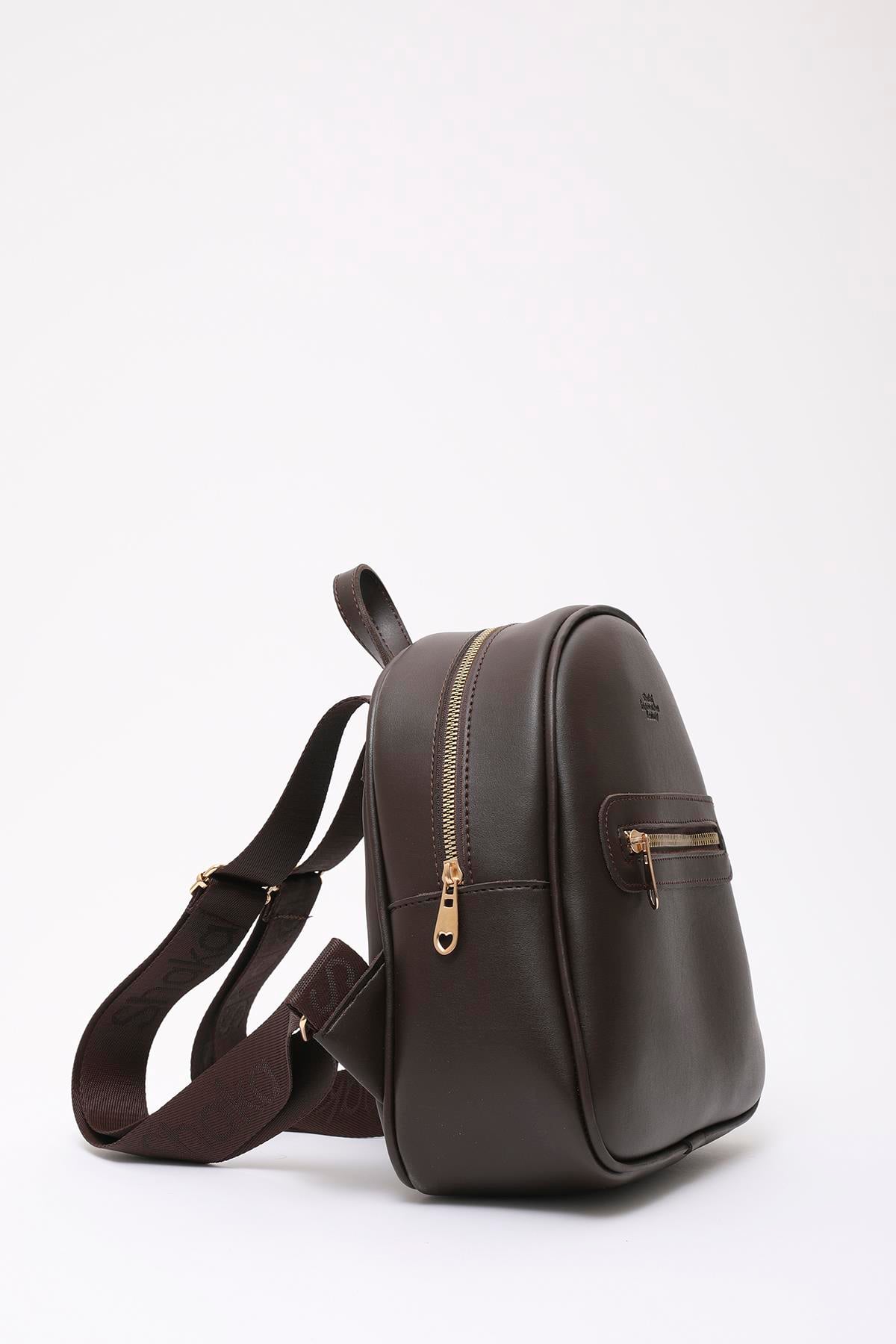 Kahve Rengi Shk200 Suni Deri 2 Bölmeli Fermuarlı Yazılı Kolon Askılı Sırt Çantası U:26 E:22 G:9 cm