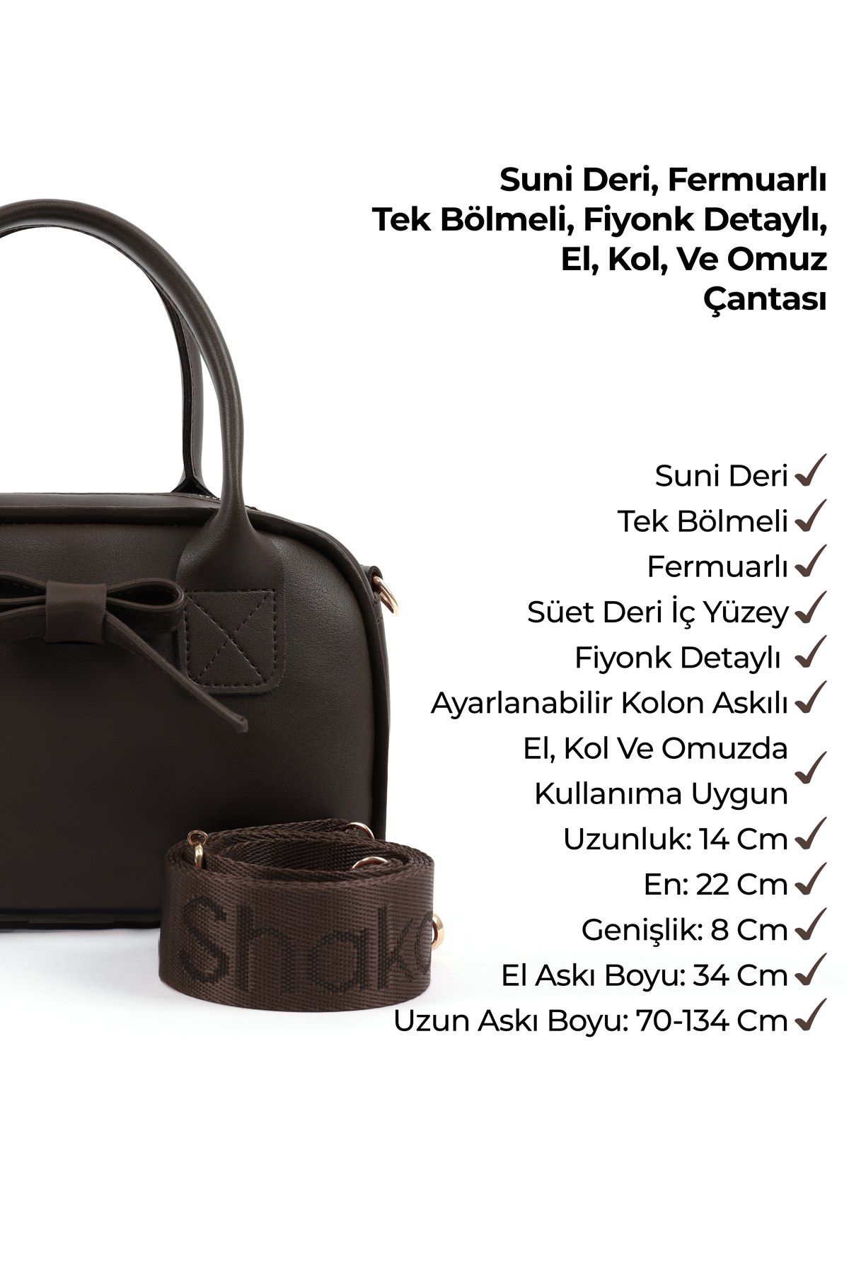 Kahve Rengi Shk217 Fiyonklu Suni Deri, Tek Bölmeli, Fermuarlı,Kolon Askılı, El, Kol Ve Omuz Çantası