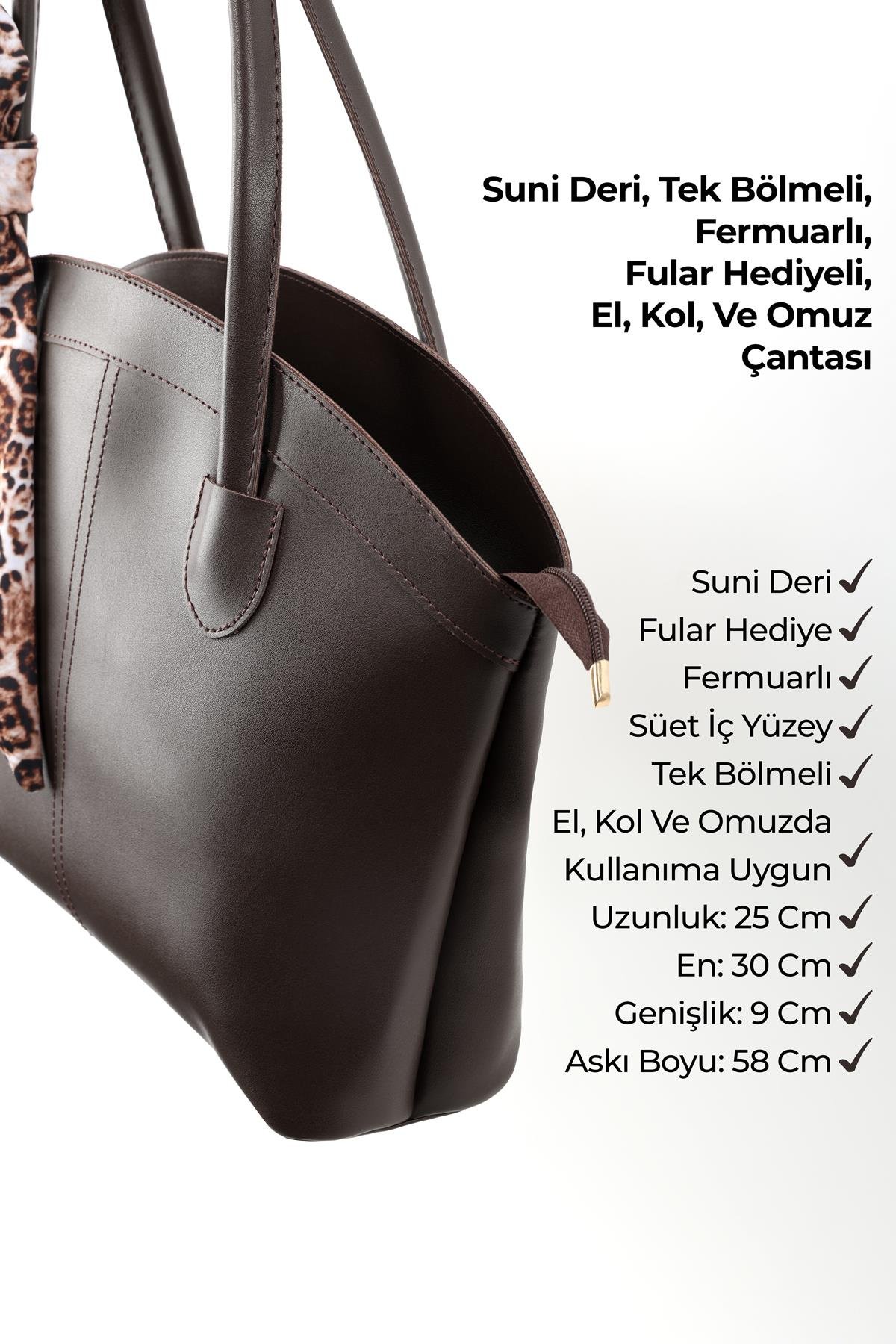 Kahve Rengi SHK274 Suni Deri Fermuarlı Tek Bölmeli Fular Hediyeli El,Kol ve Omuz Çantası