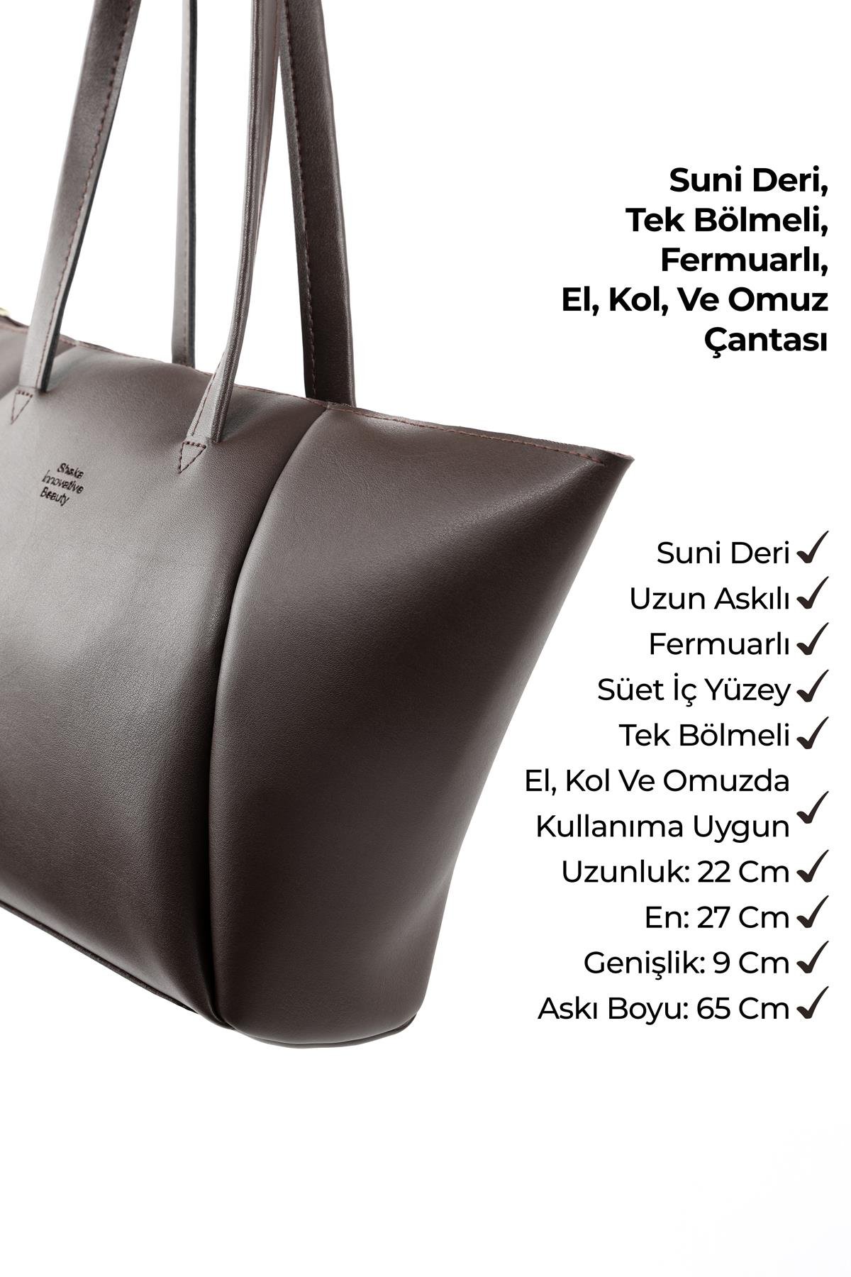Kahve Rengi SHK277 Suni Deri Tek Bölmeli Fermuarlı El, Kol ve Omuz Çantası