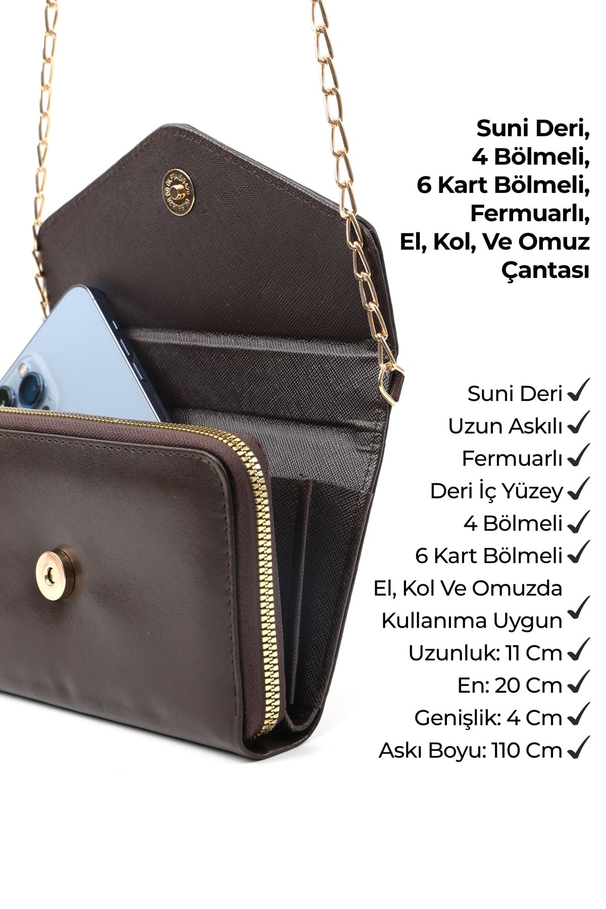 Kahve Rengi SHK286 Suni Deri 4 Bölmeli,Zincirli ,Telefonluk ve Omuz Çantası