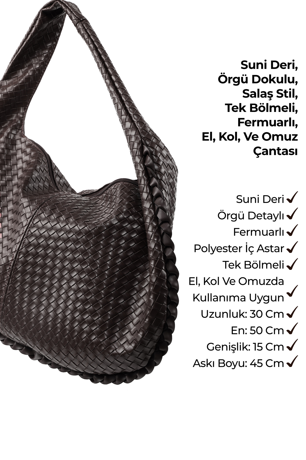 Kahve Rengi SHK311 Örgü Desenli Suni Deri,Fermuarlı,Tek Bölmeli ,Astarlı,El,Kol ve Omuz Çantası