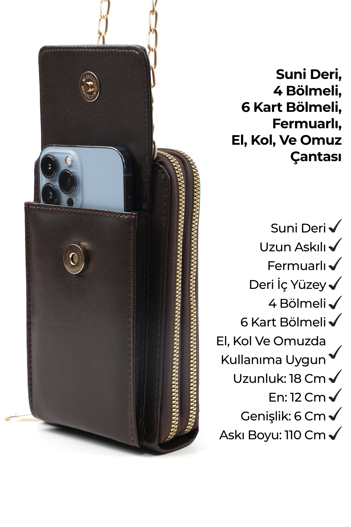 Kahve Rengi SHK312 Suni Deri 4 Bölmeli,Zincirli ,Telefonluk ve Omuz Çantası