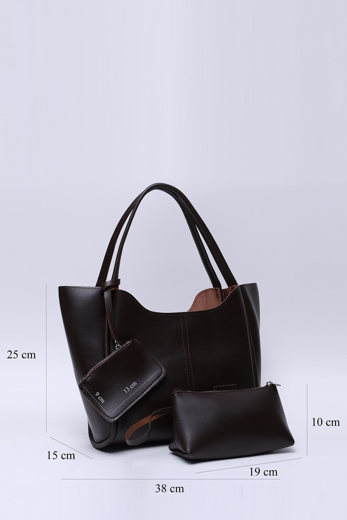 Kahverengi/Krem/Bordo SHK278 Suni Deri El Kol ve Omuz 3'lü Çanta Seti (SHK108-SHK207-SHK24)