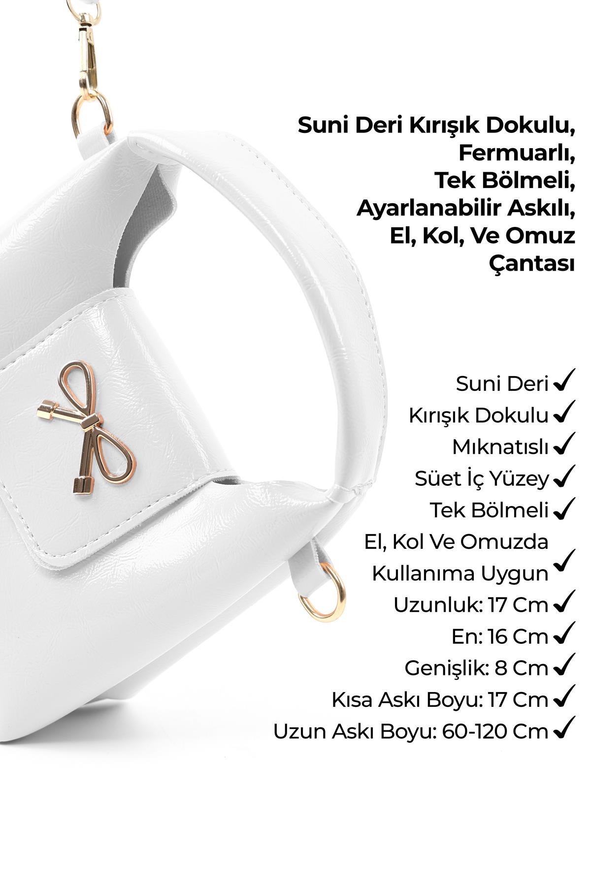 Kırışık Dokulu Beyaz Shk214 Fiyonk Detaylı, Çıtçıtlı Tek Bölmeli ,Çapraz Askılı El,Kol ve Omuz Çantası