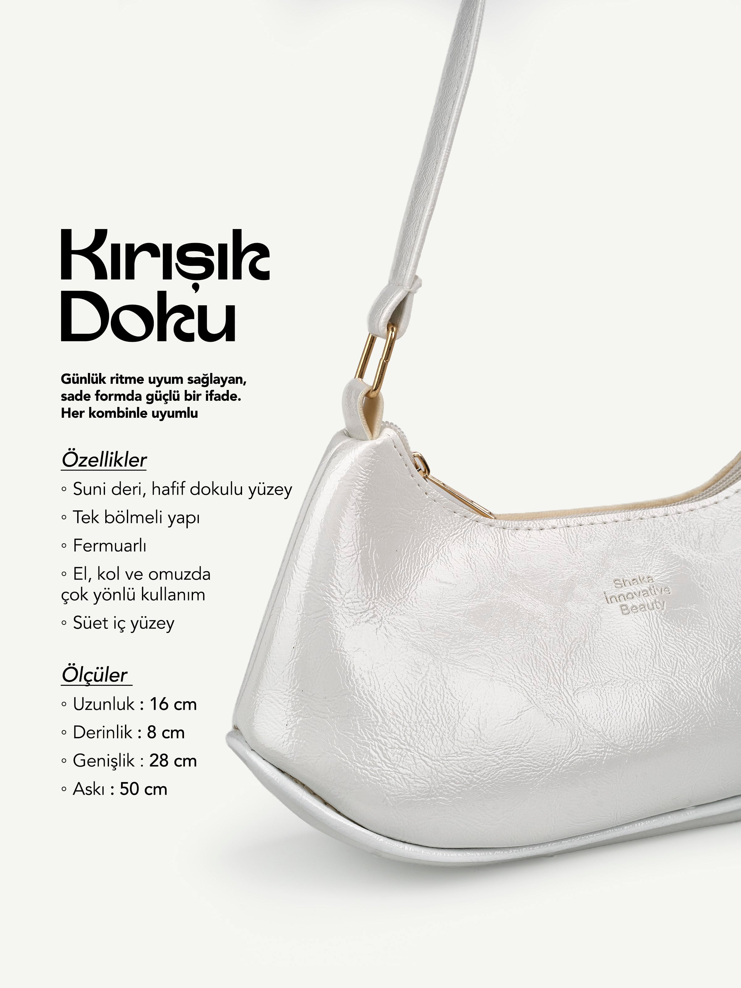 Kırışık Dokulu Beyaz Shk280 Suni Deri, Fermuarlı Tek Bölmeli , El,Kol ve Omuz Çantası