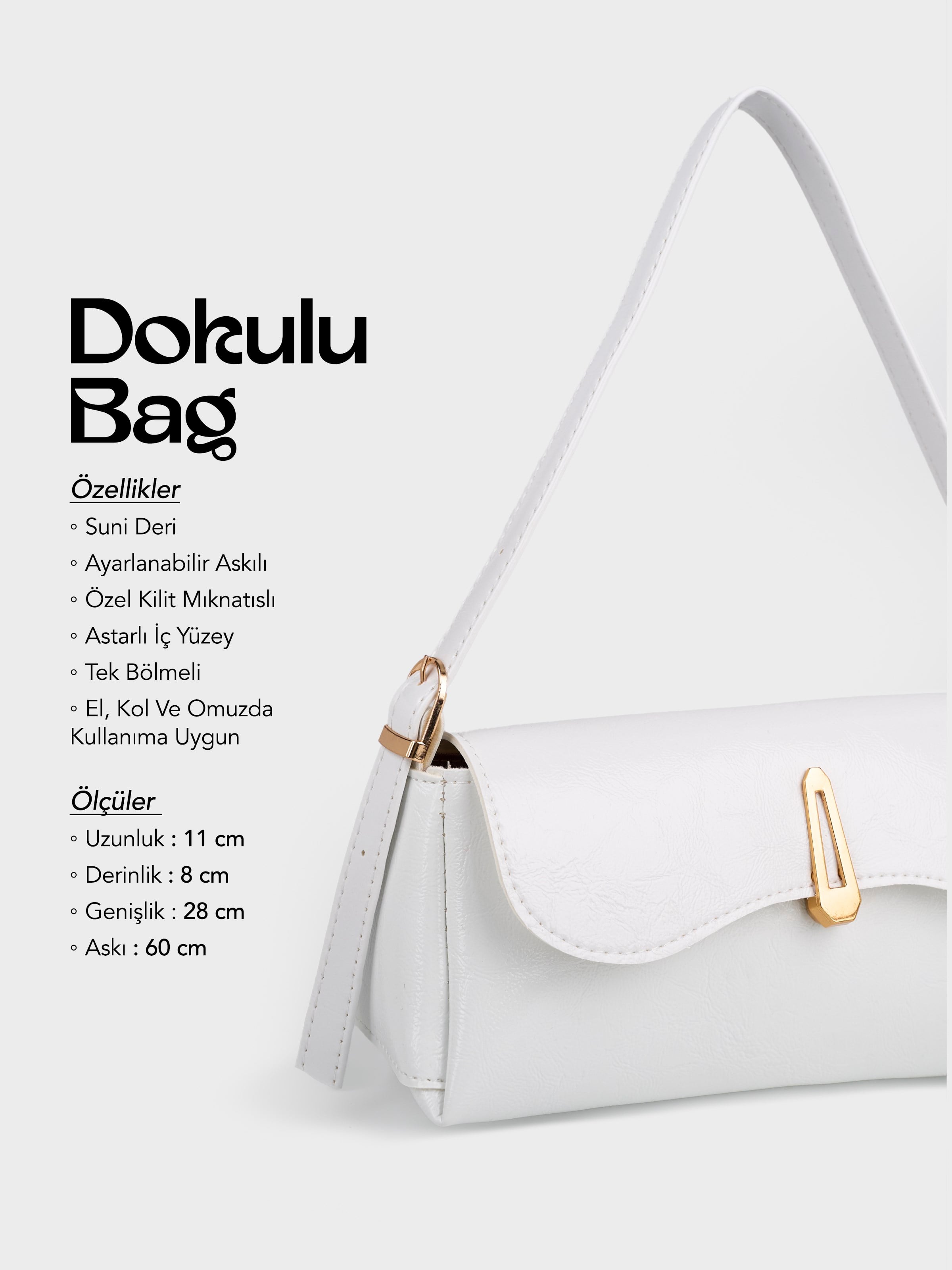 Kırışık Dokulu Beyaz Shk305 Suni Deri, Özel Kilit Mıknatıslı El, Kol ve Omuz Çantası