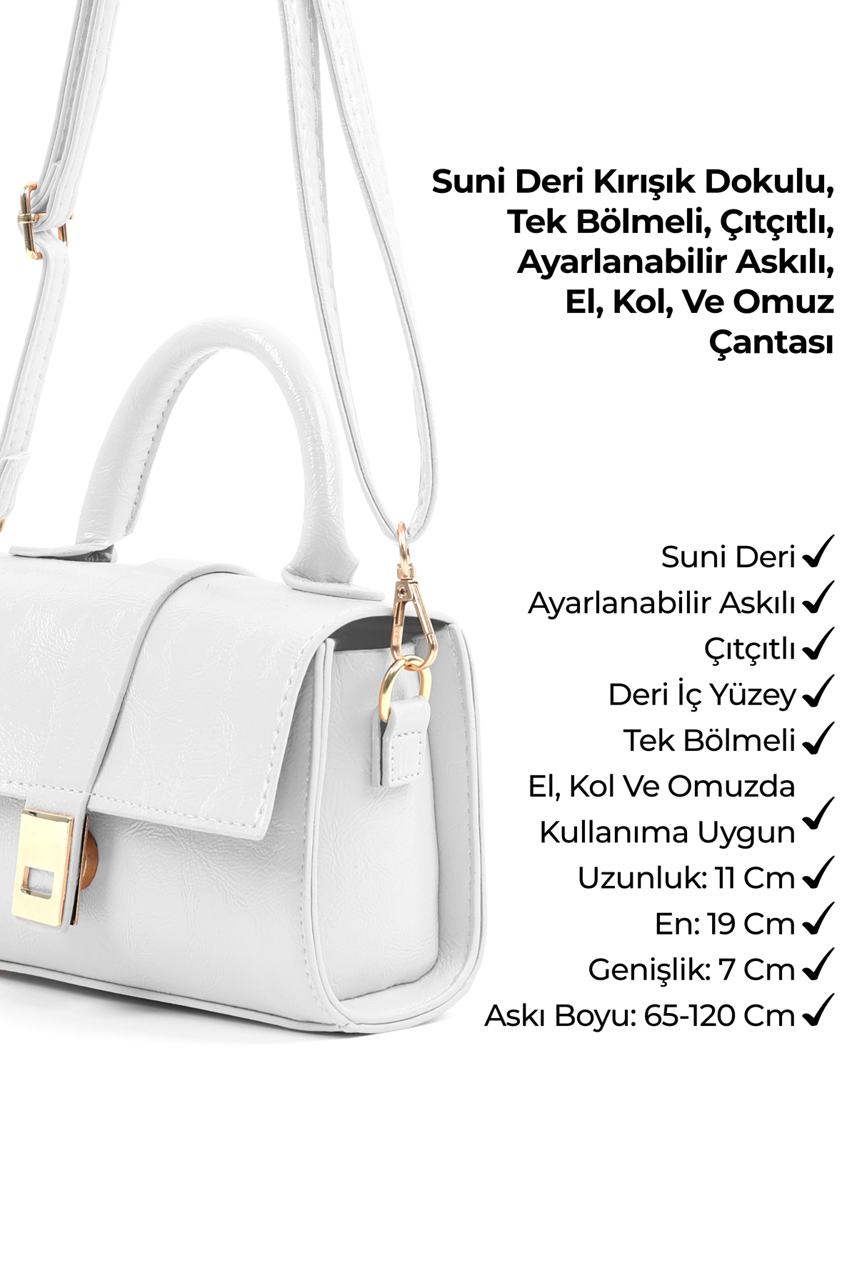 Kırışık Dokulu Beyaz Shk308 Suni Deri Çıtçıtlı Ayarlanabilir Askılı Kadın El, Kol Ve Omuz Çantası