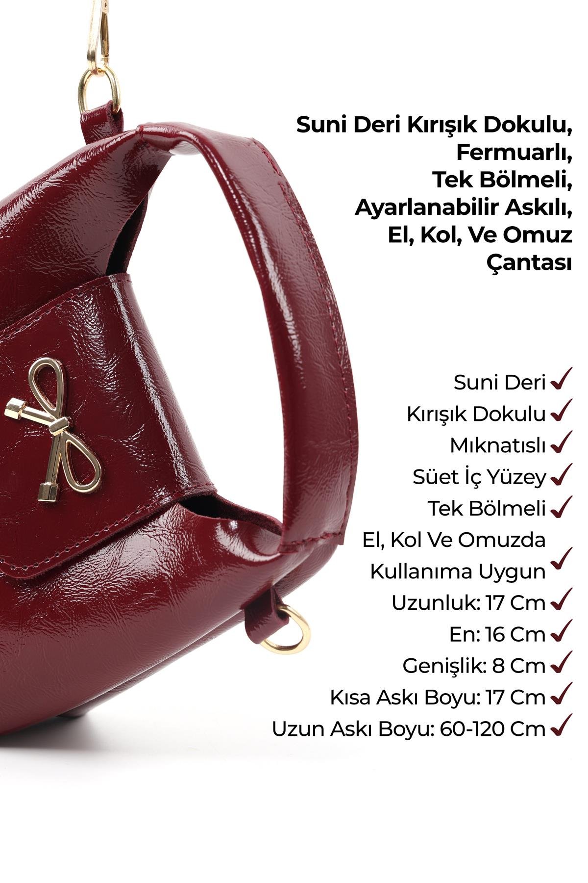 Kırışık Dokulu Bordo Shk214 Fiyonk Detaylı, Çıtçıtlı Tek Bölmeli ,Çapraz Askılı El,Kol ve Omuz Çantası