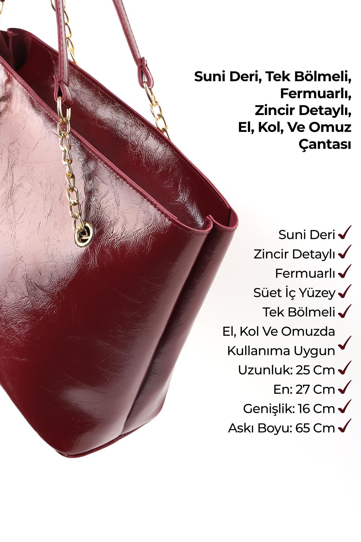 Kırışık Dokulu Bordo SHK256 Suni Deri Fermuarlı Tek Bölmeli Zincir Askılı El, Kol ve Omuz Çantası