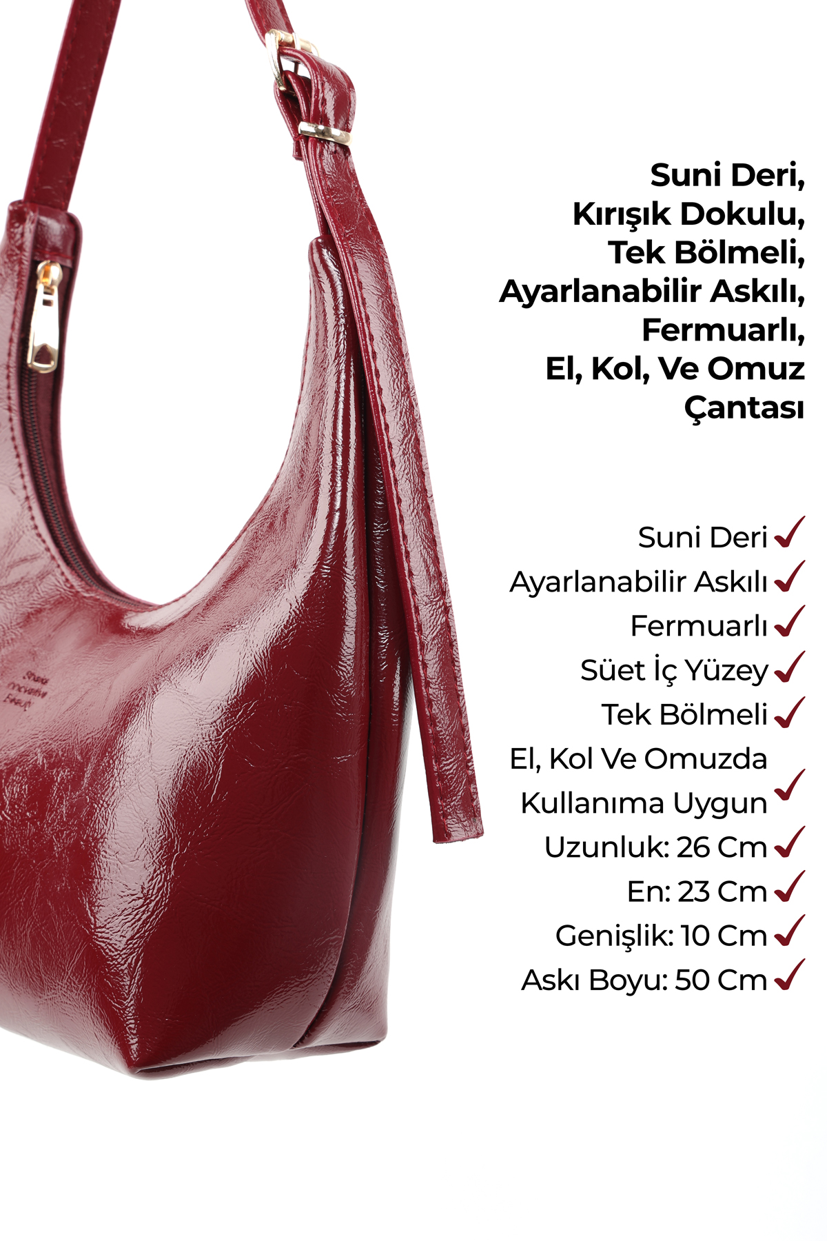 Kırışık Dokulu Bordo SHK279 Fermuarlı,Tek Bölmeli,Kırışık Dokulu El,Kol ve Omuz Çantası
