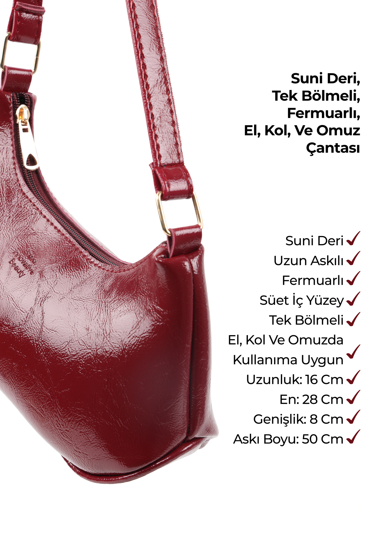 Kırışık Dokulu Bordo Shk280 Fermuarlı Tek Bölmeli , El,Kol ve Omuz Çantası