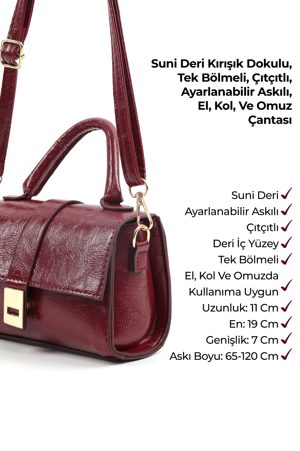 Kırışık Dokulu Bordo Shk308 Suni Deri Çıtçıtlı Ayarlanabilir Askılı Kadın El, Kol Ve Omuz Çantası