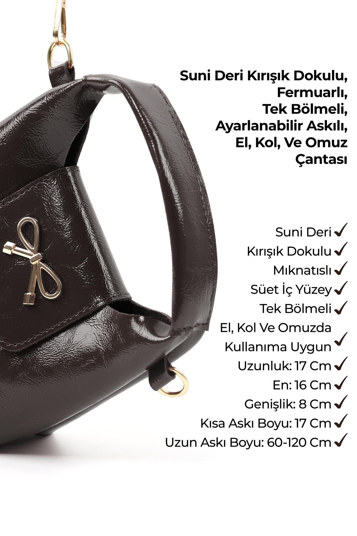 Kırışık Dokulu Kahverengi Shk214 Fiyonk Detaylı, Çıtçıtlı Tek Bölmeli ,Çapraz Askılı El,Kol ve Omuz Çantası