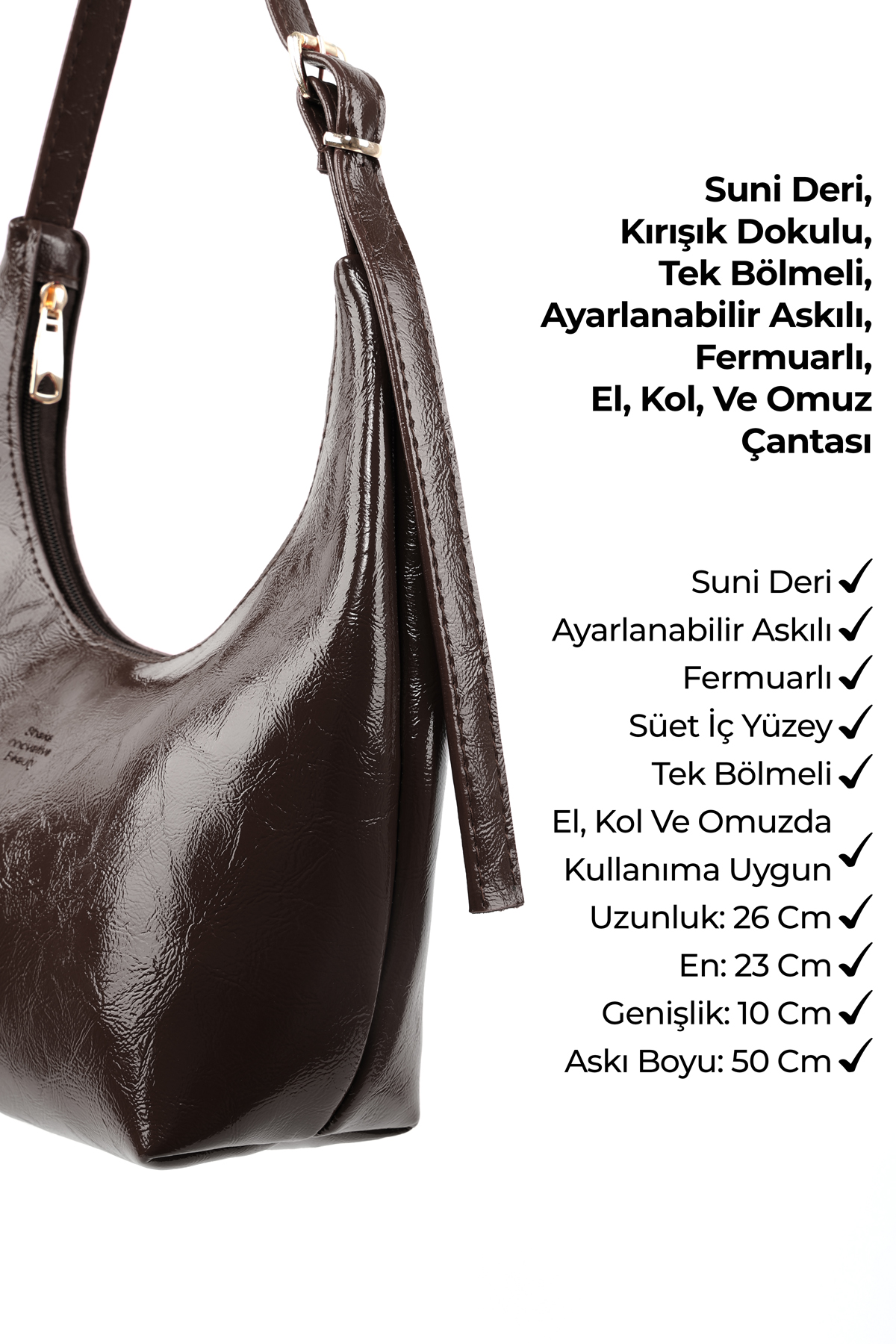 Kırışık Dokulu Kahverengi SHK279 Fermuarlı,Tek Bölmeli,Kırışık Dokulu El,Kol ve Omuz Çantası