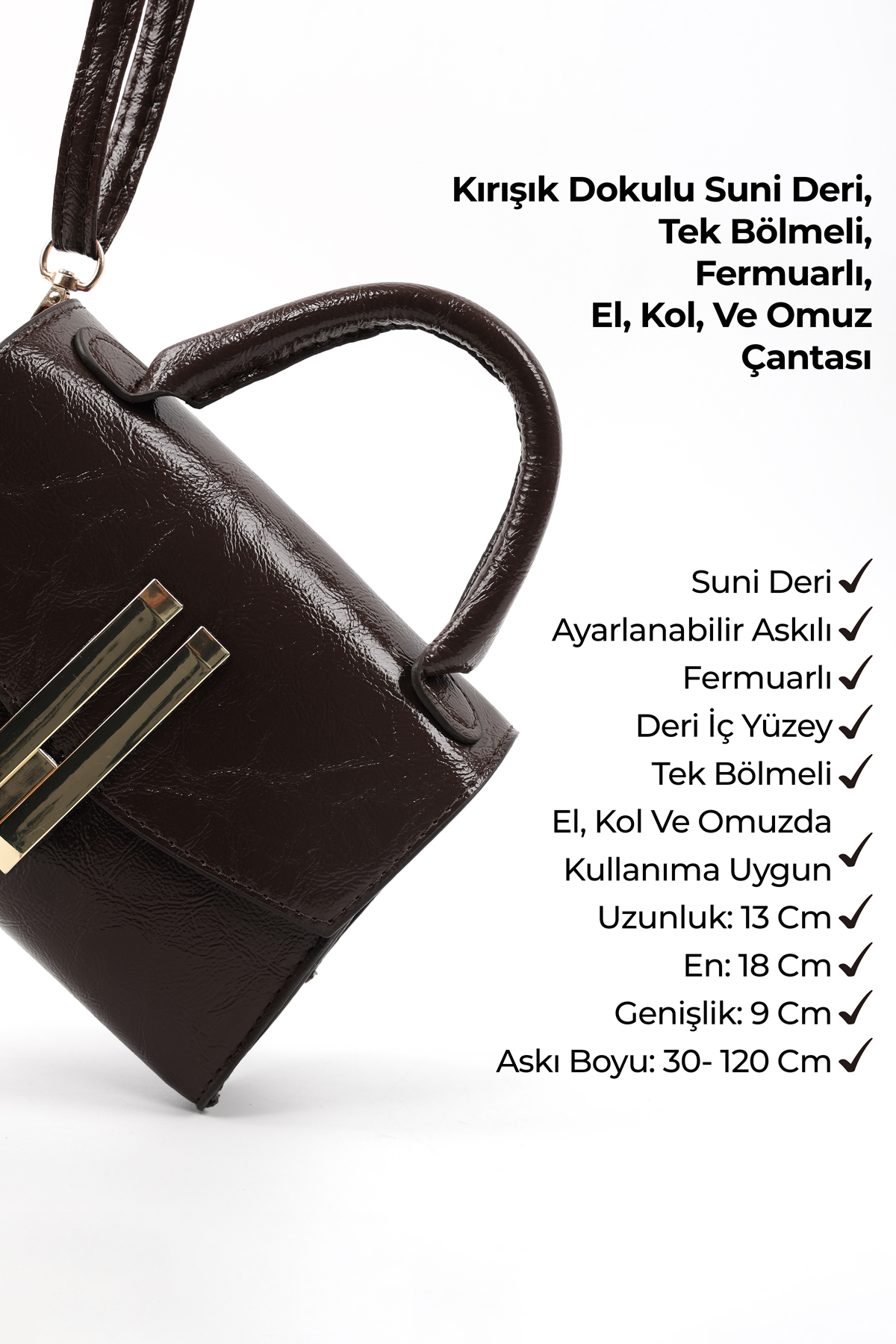 Kırışık Dokulu Kahverengi SHK288 Suni Deri,Tek Bölmeli,Ayarlanabilir Askılı ,El,Kol ve Omuz Çantası