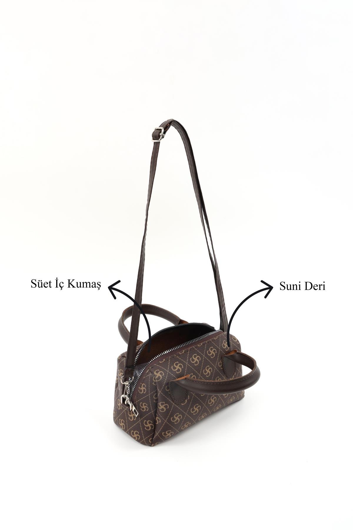 Kırışık Dokulu Kahverengi/Monogram Kahverengi SHK293 Suni Deri , 2'li El, Kol Ve Omuz Çanta Seti (SHK184)