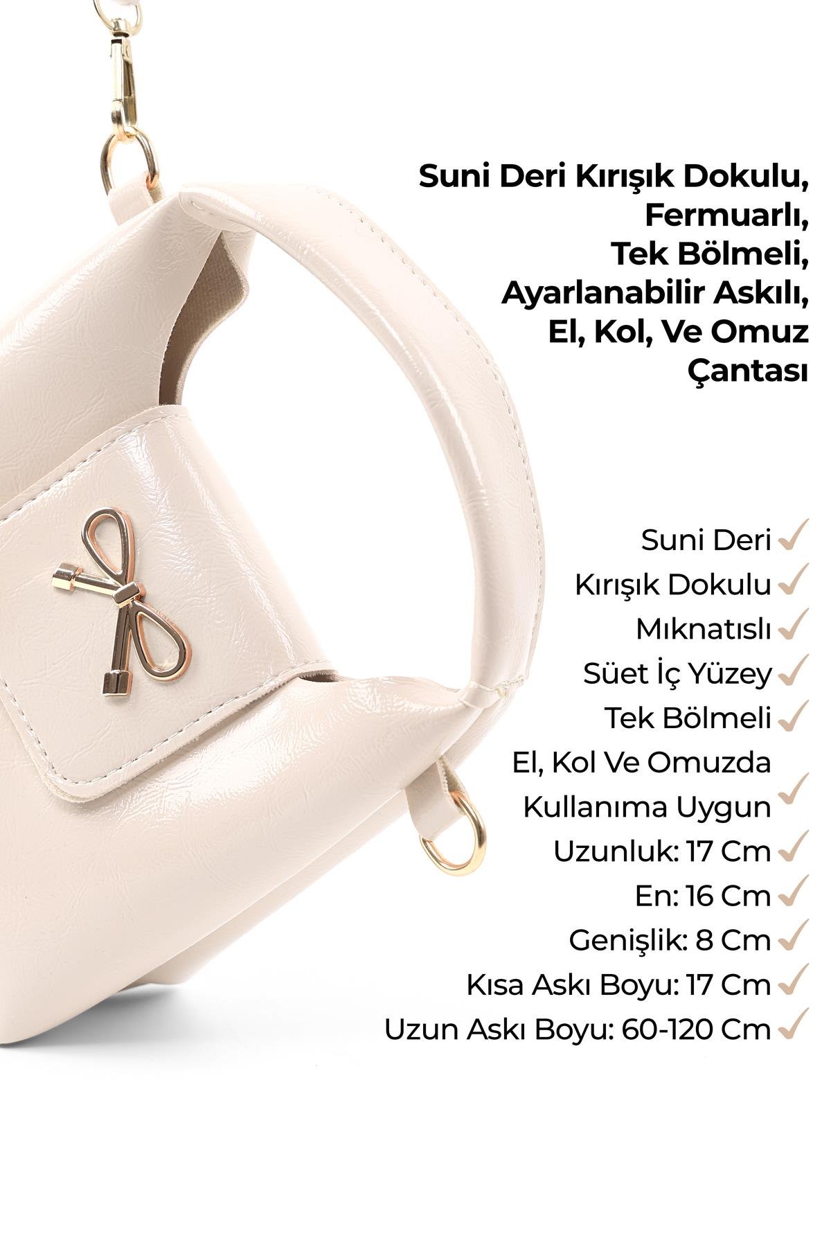 Kırışık Dokulu Krem Shk214 Fiyonk Detaylı, Çıtçıtlı Tek Bölmeli ,Çapraz Askılı El,Kol ve Omuz Çantası