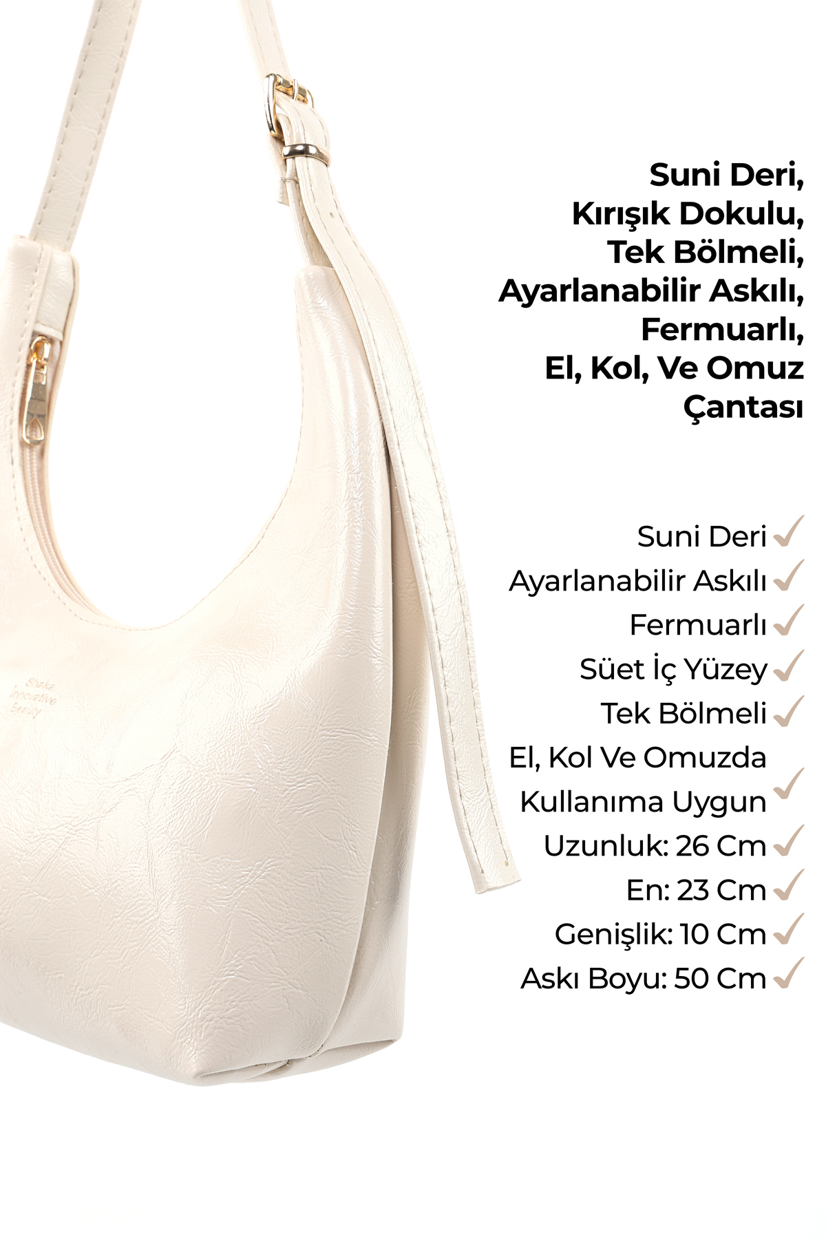 Kırışık Dokulu Krem SHK279 Fermuarlı,Tek Bölmeli,Kırışık Dokulu El,Kol ve Omuz Çantası