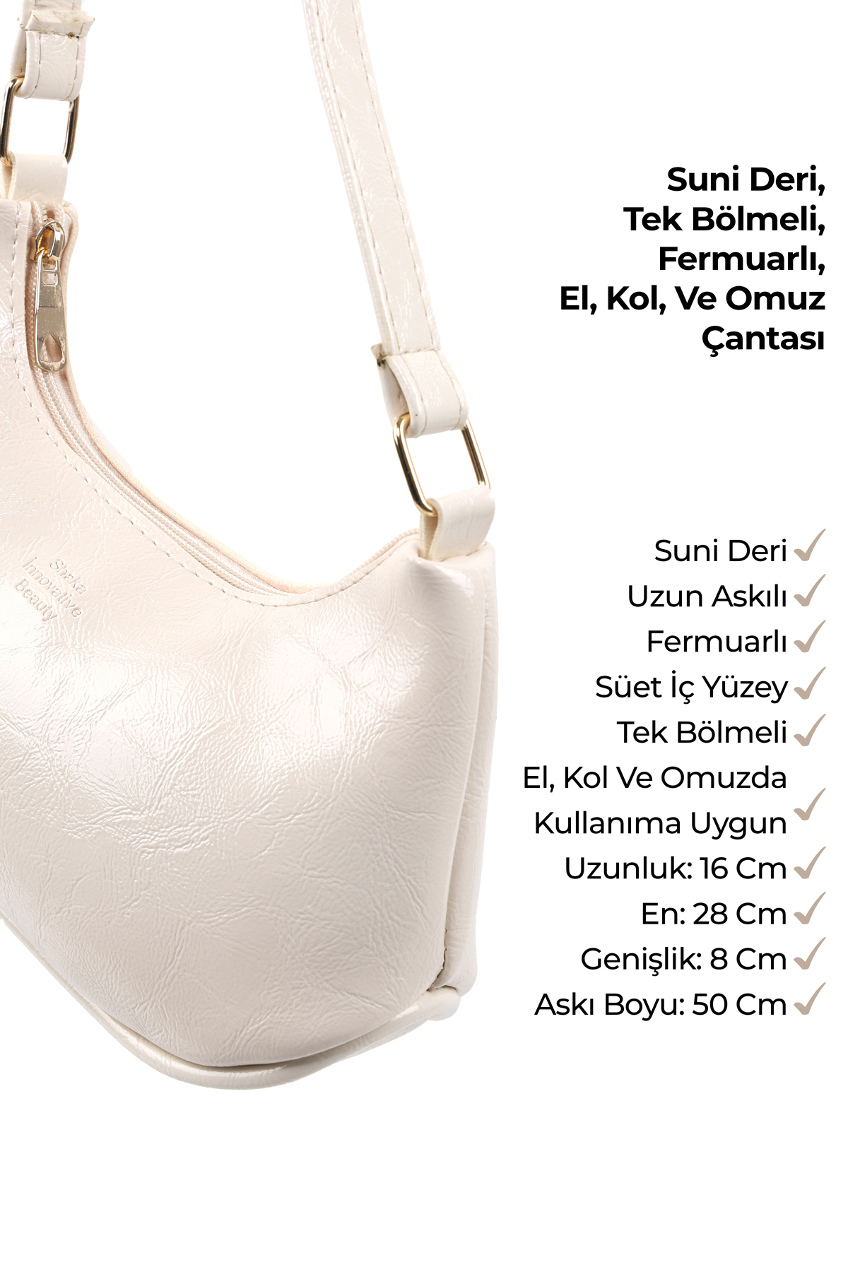 Kırışık Dokulu Krem Shk280 Fermuarlı Tek Bölmeli , El,Kol ve Omuz Çantası