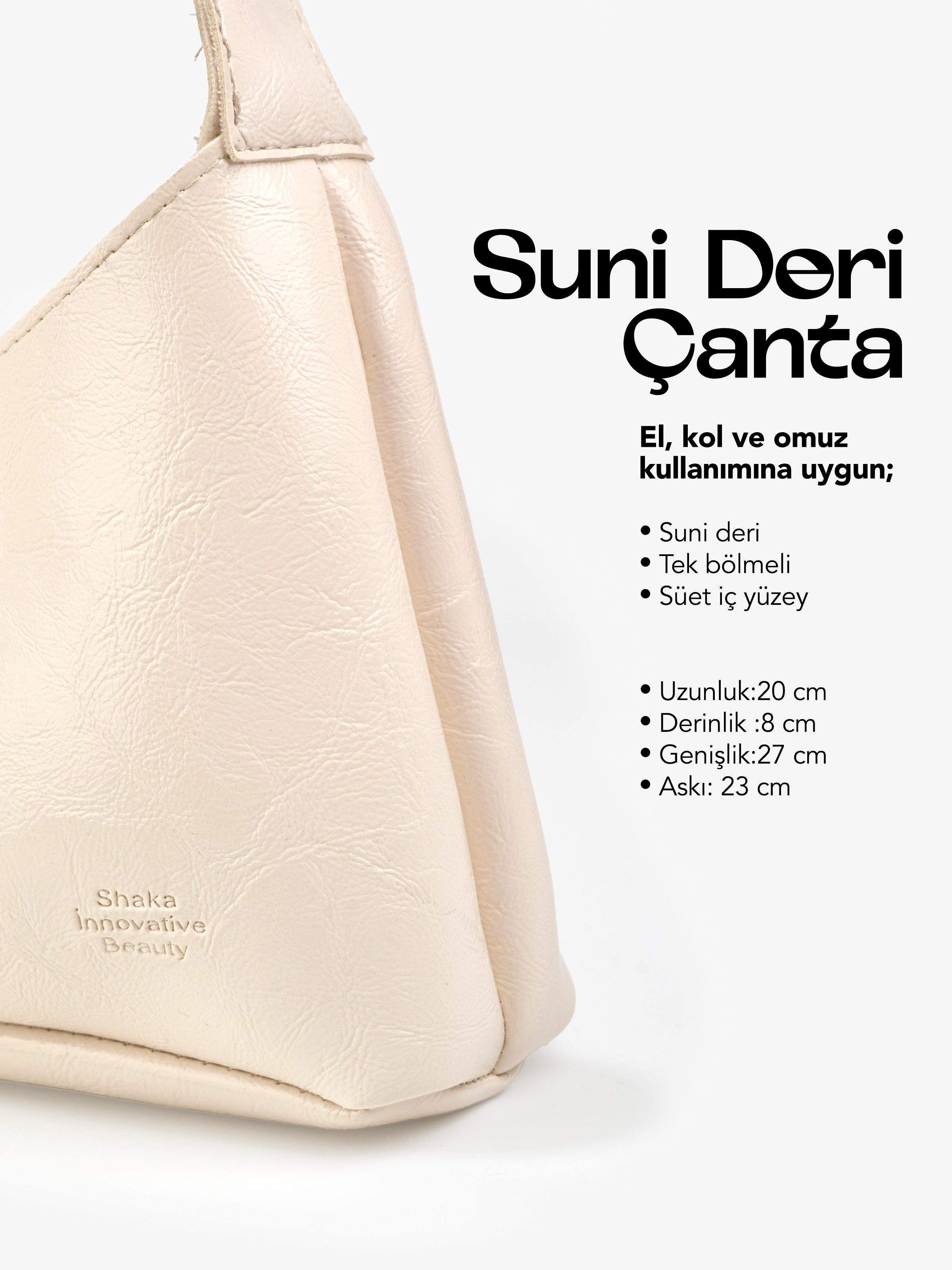 Kırışık Dokulu Krem SHK281 Suni Deri,Çıtçıtlı,Tek Bölmeli,El,Kol ve Omuz Çantası