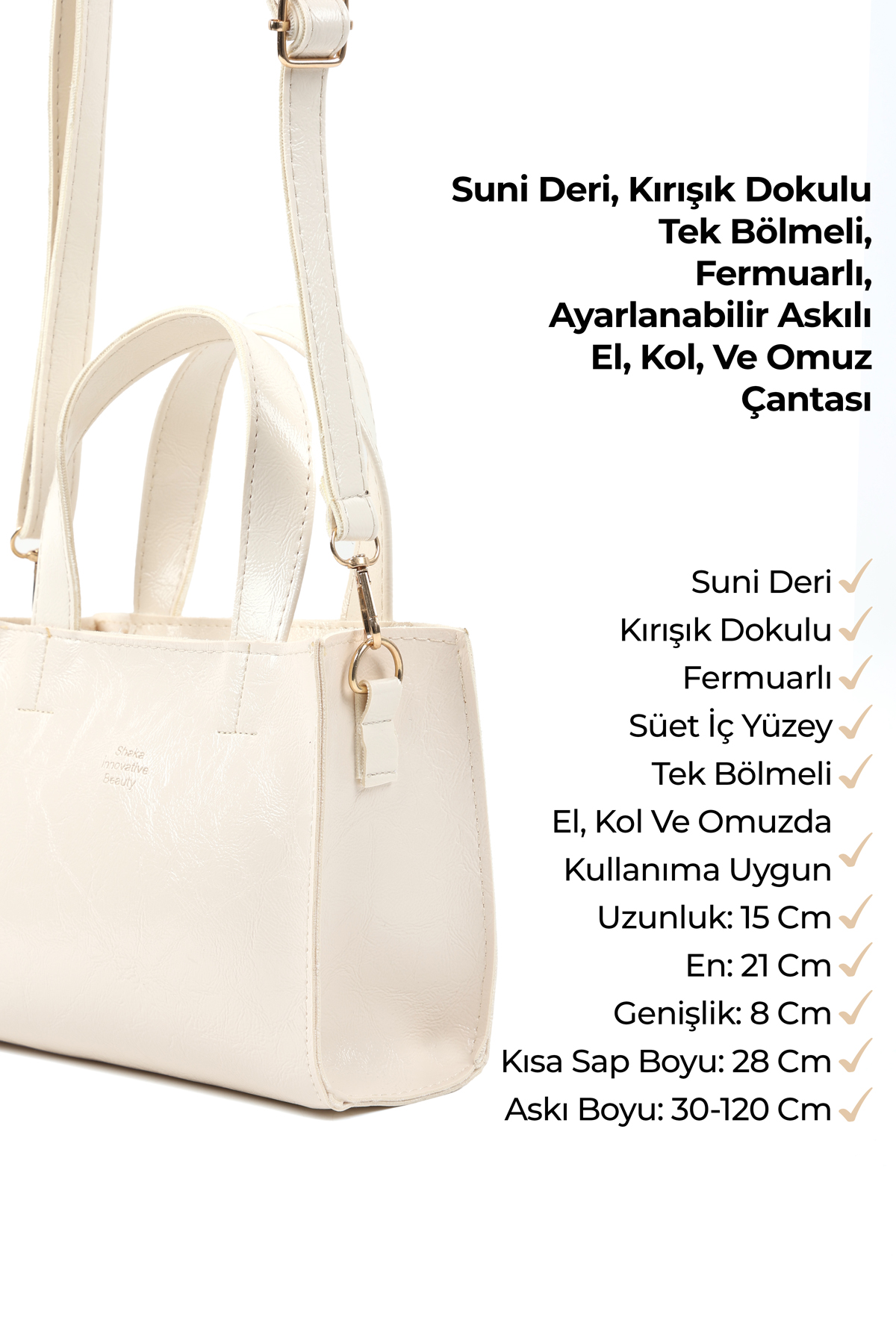 Kırışık Dokulu Krem SHK282 Suni Deri, Fermuarlı,Tek Bölmeli, El,Kol ve Omuz Çantası