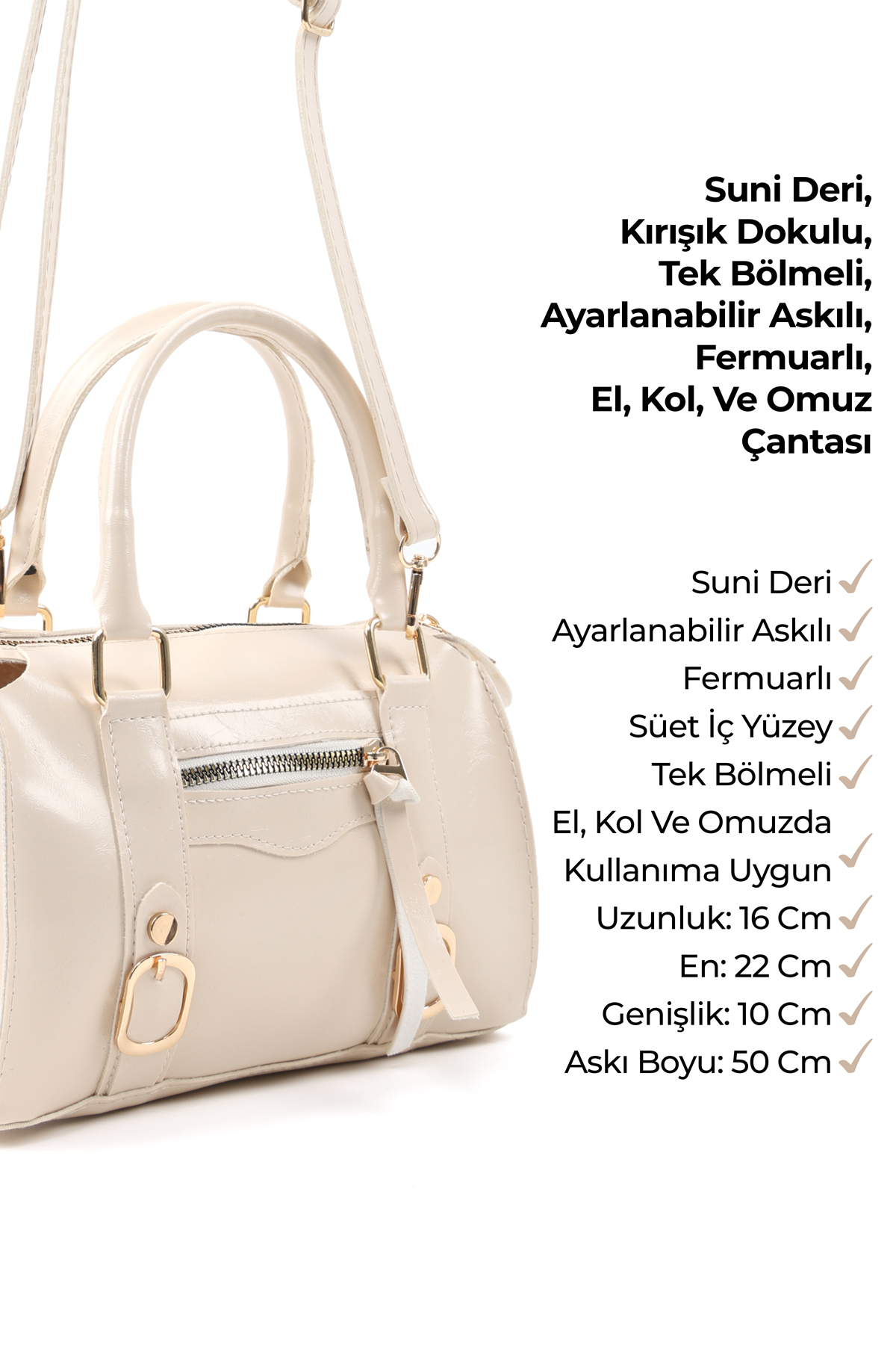 Kırışık Dokulu Krem Shk287 Suni Deri, Fermuarlı Tek Bölmeli , El, Kol ve Omuz Çantası